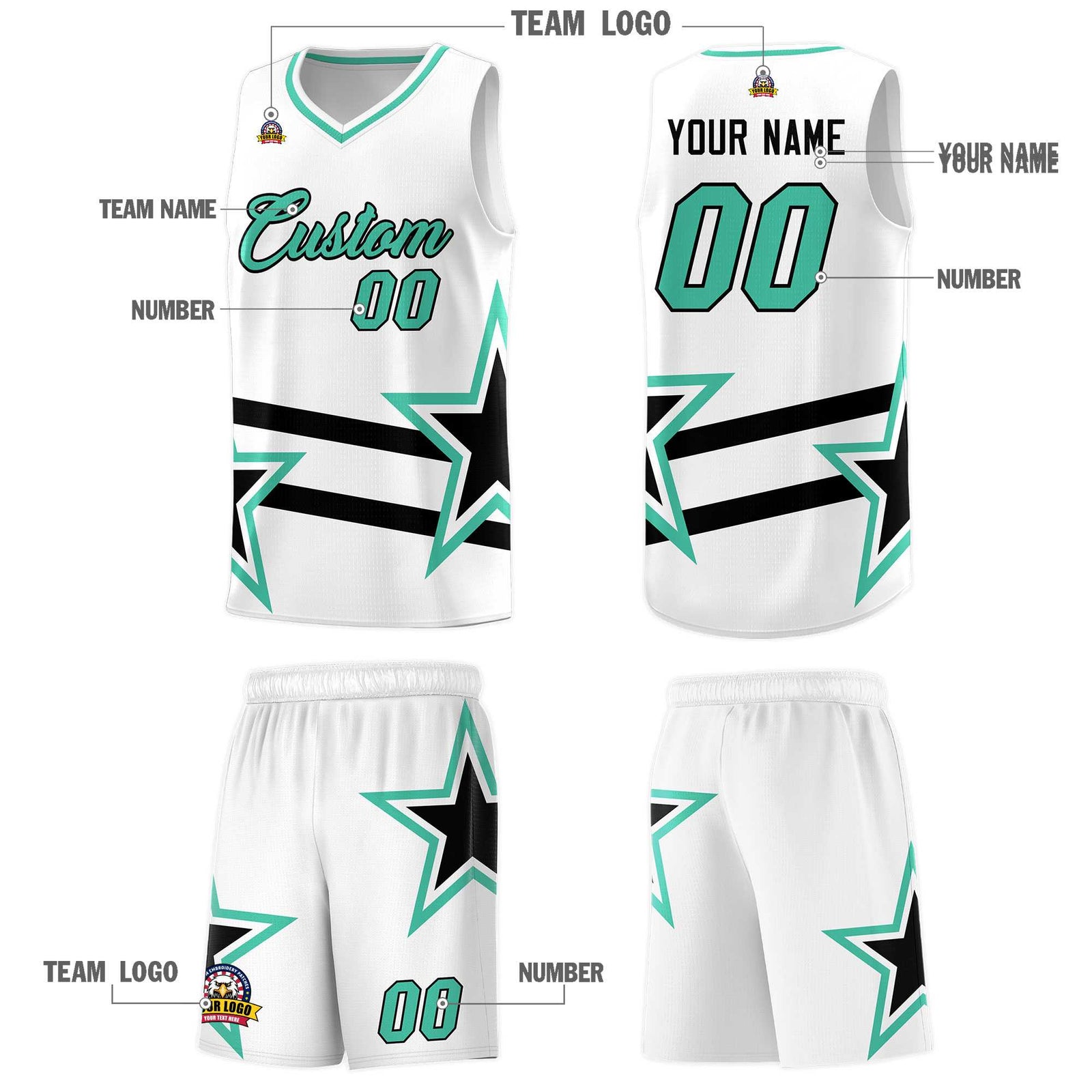 Custom White Basketball Kits With Bright Green Star Pattern And Double Lines