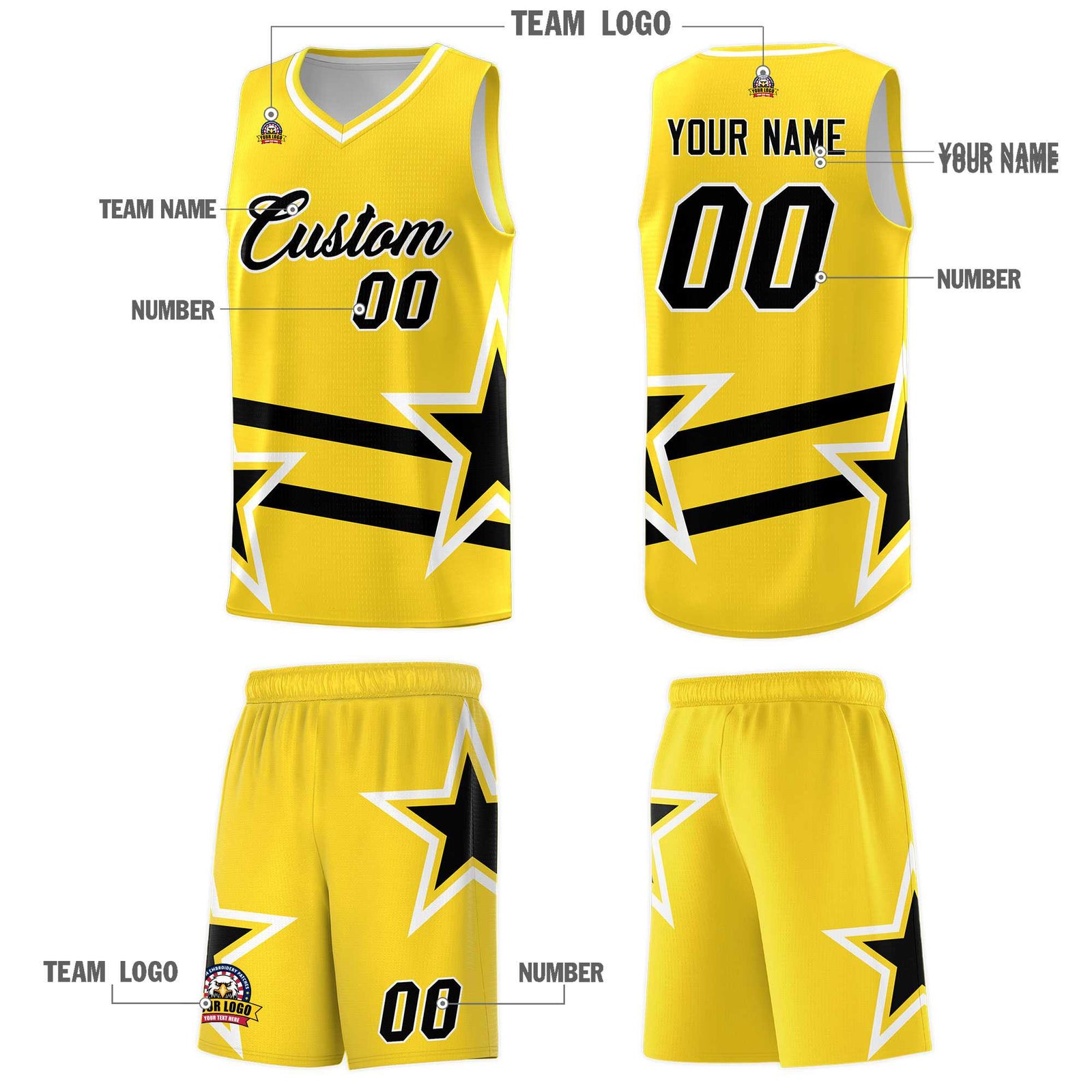Custom Gold Basketball Kits With Black Star Pattern And Double Lines