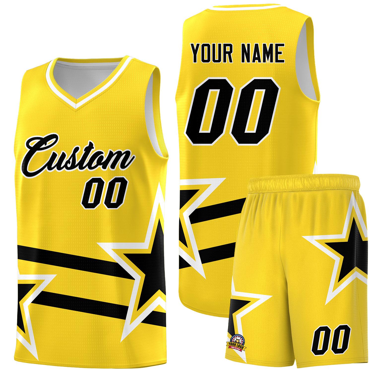 Custom Gold Basketball Kits With Black Star Pattern And Double Lines