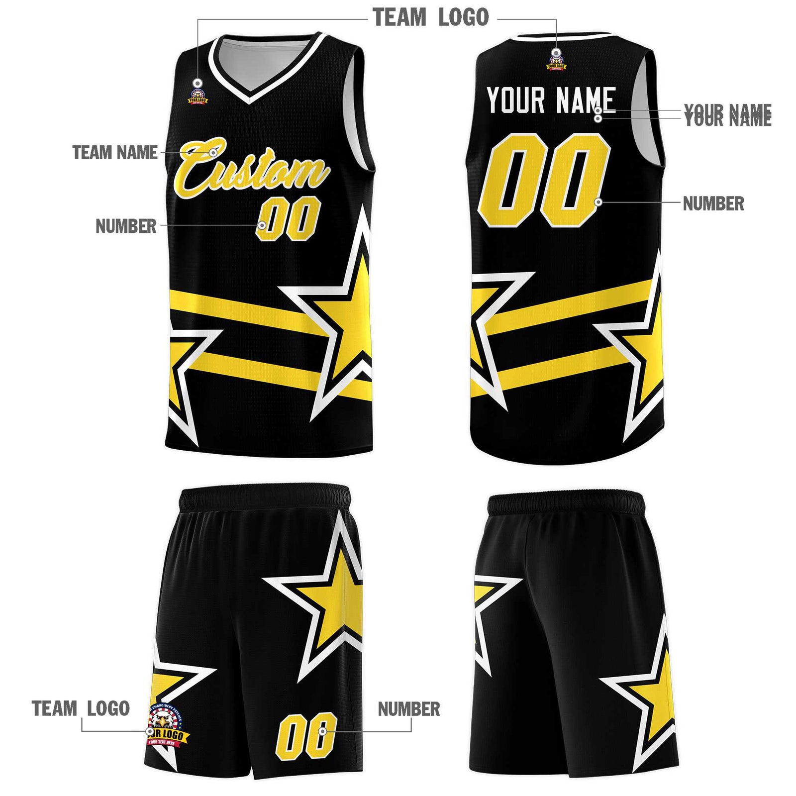 Custom Black Basketball Kits With Gold Star Pattern And Double Lines