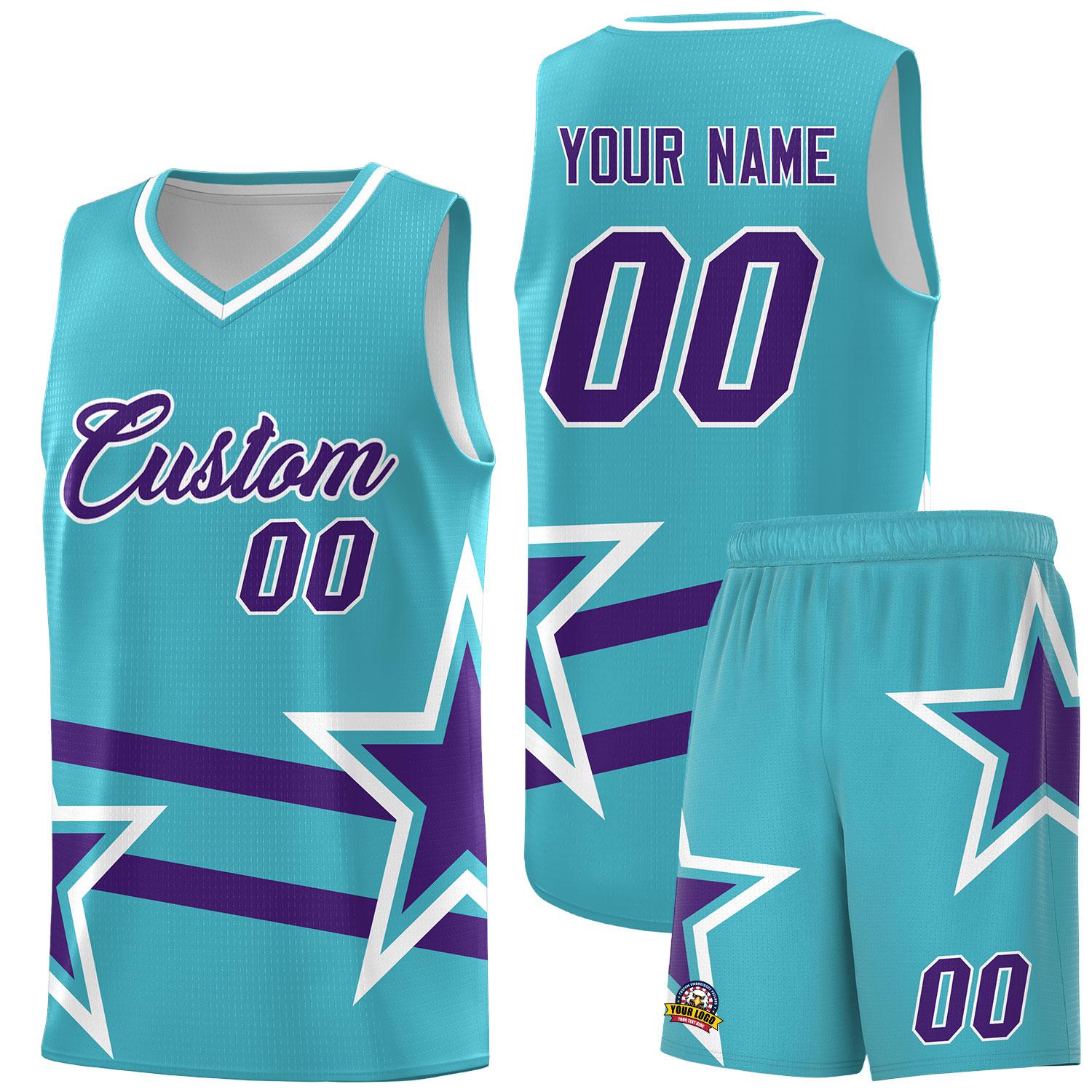 Custom Sky Blue Basketball Kits With Purple Star Pattern And Double Lines