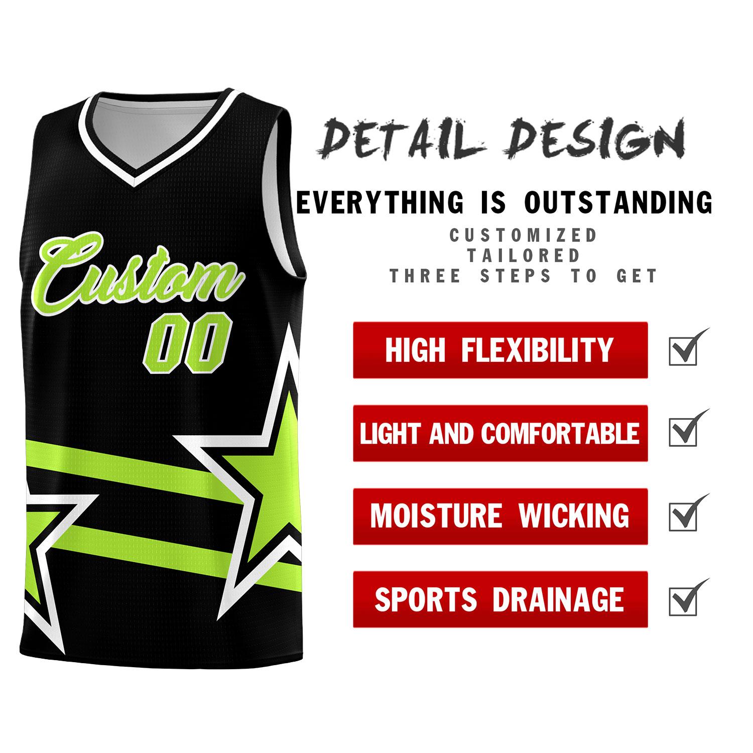 Custom Black Basketball Kits With Neon Green Star Pattern And Double Lines