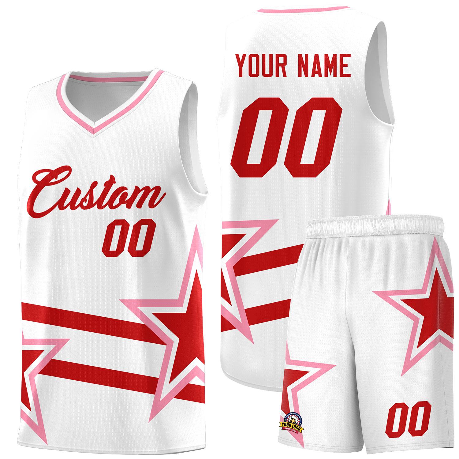 Custom White Basketball Kits With Red Star Pattern And Double Lines