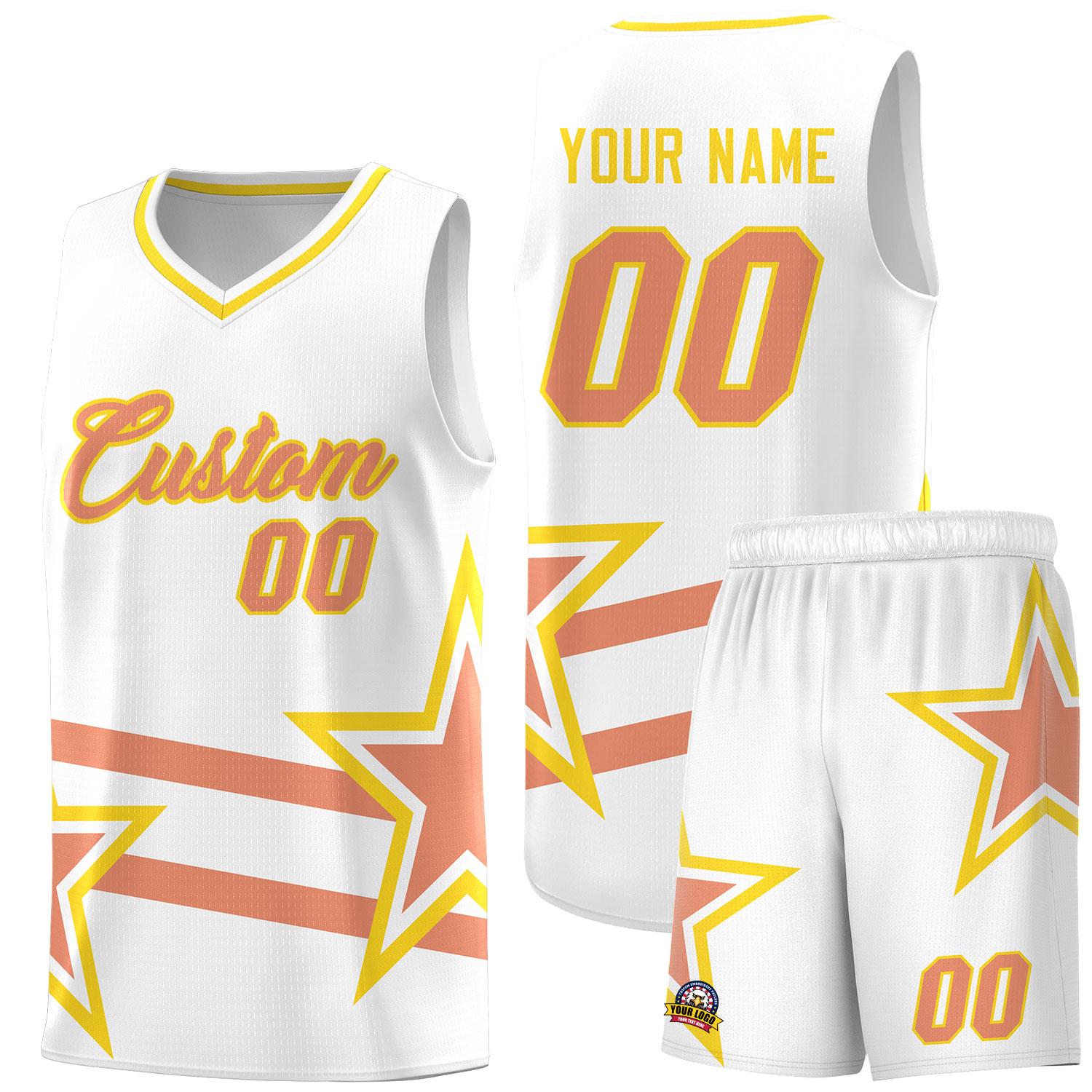Custom White Basketball Kits With Light Orange Star Pattern And Double Lines