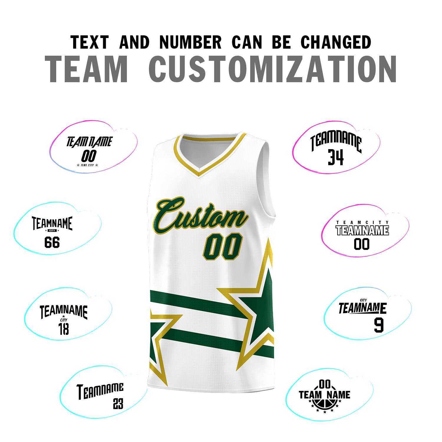 Custom White Basketball Kits With Green Star Pattern And Double Lines