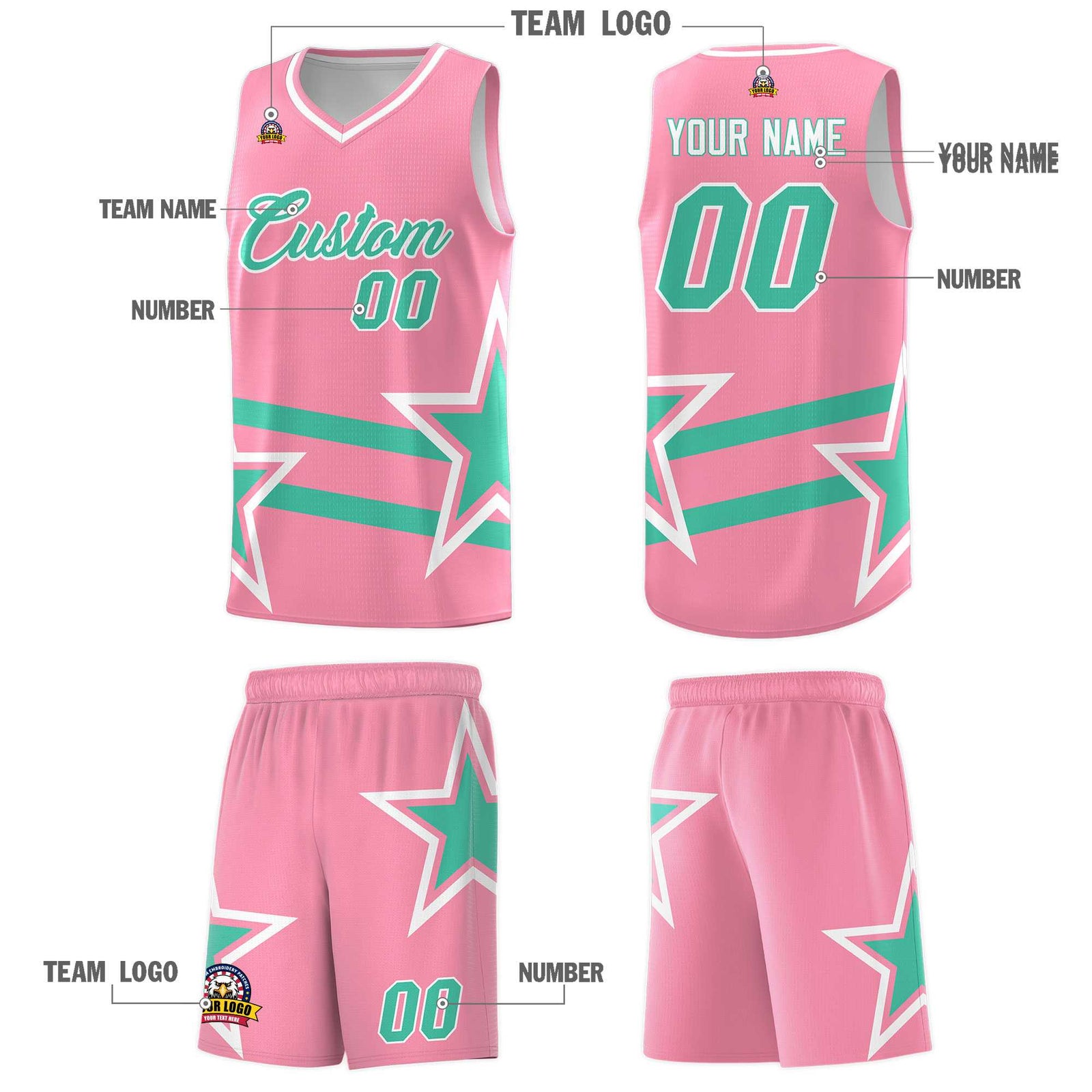 Custom Light Pink Basketball Kits With Bright Green Star Pattern And Double Lines