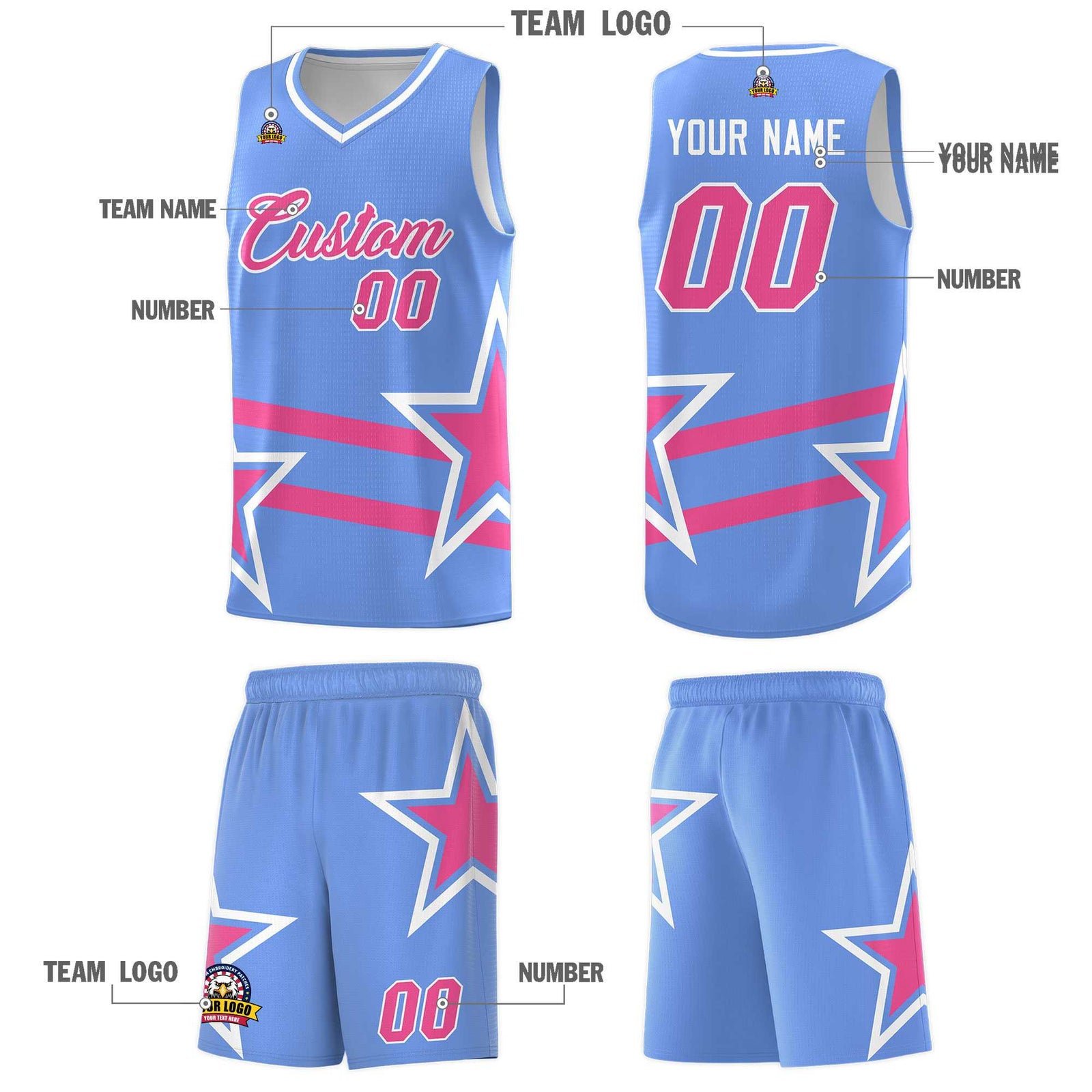 Custom Light Blue Basketball Kits With Pink Star Pattern And Double Lines
