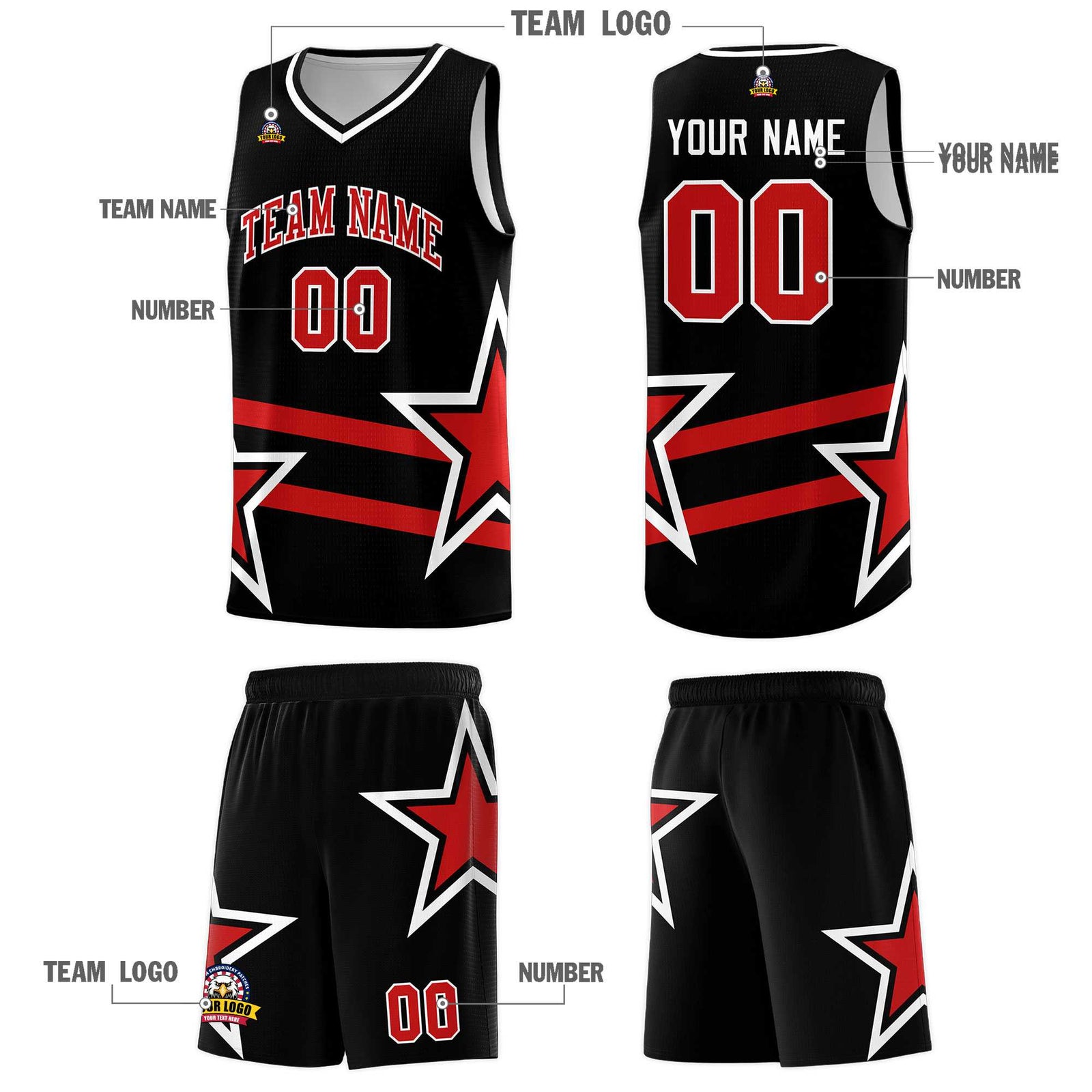 Custom Black Basketball Kits With Red Star Pattern And Double Lines