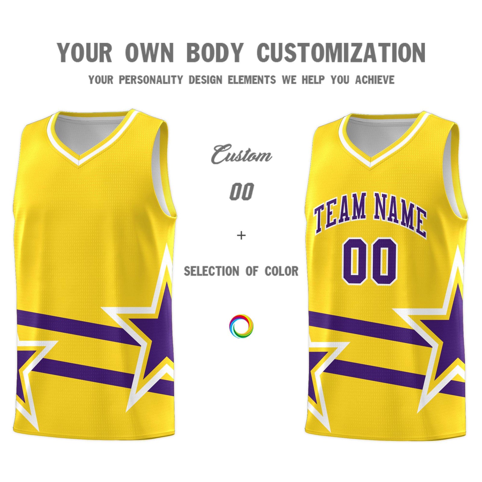Custom Gold Basketball Kits With Purple Star Pattern And Double Lines