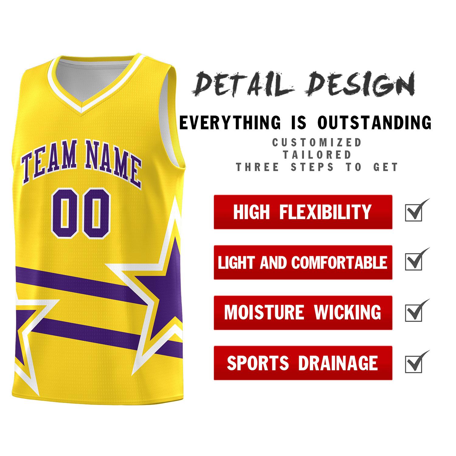 Custom Gold Basketball Kits With Purple Star Pattern And Double Lines