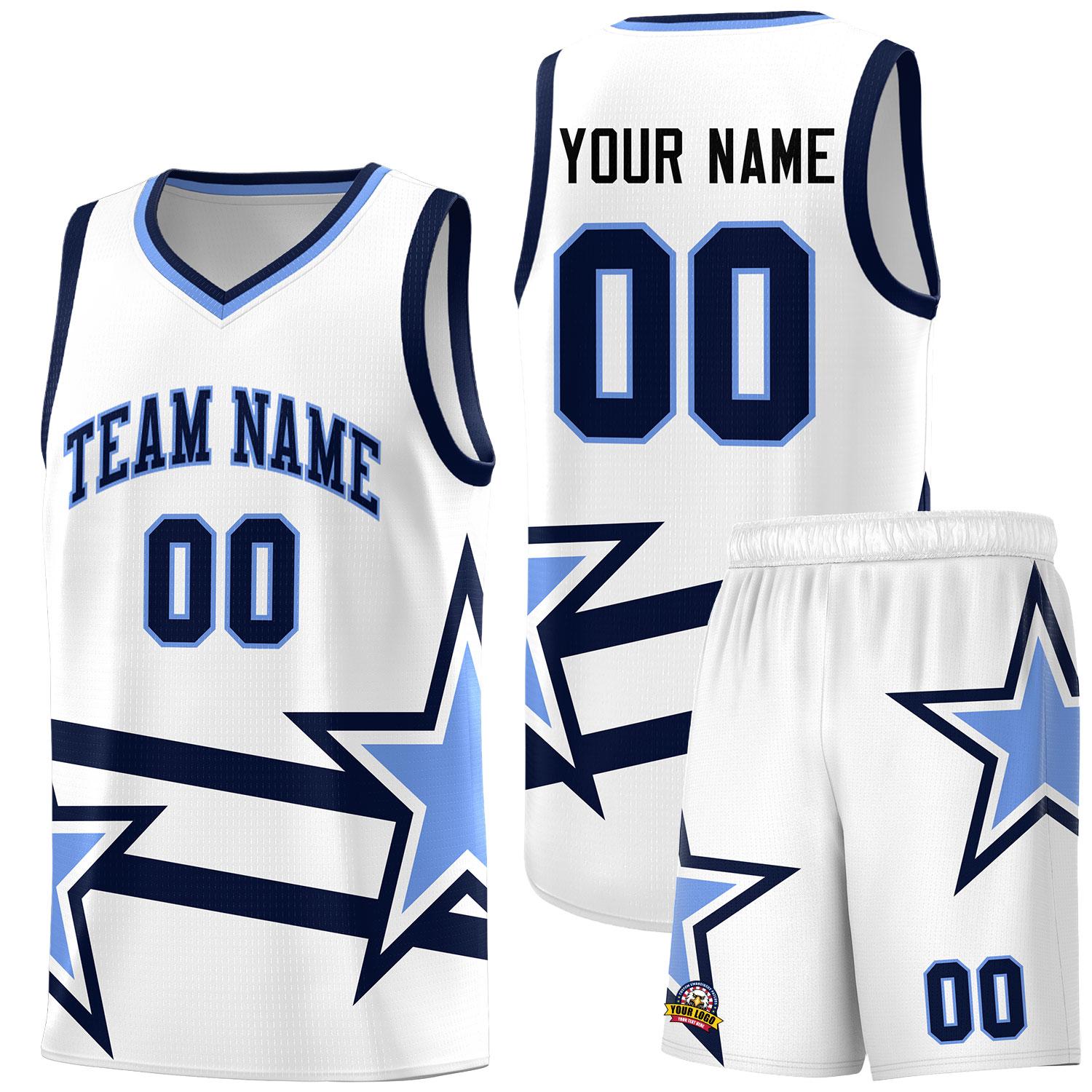 Custom White Basketball Kits With Light Blue Star Pattern And Double Lines