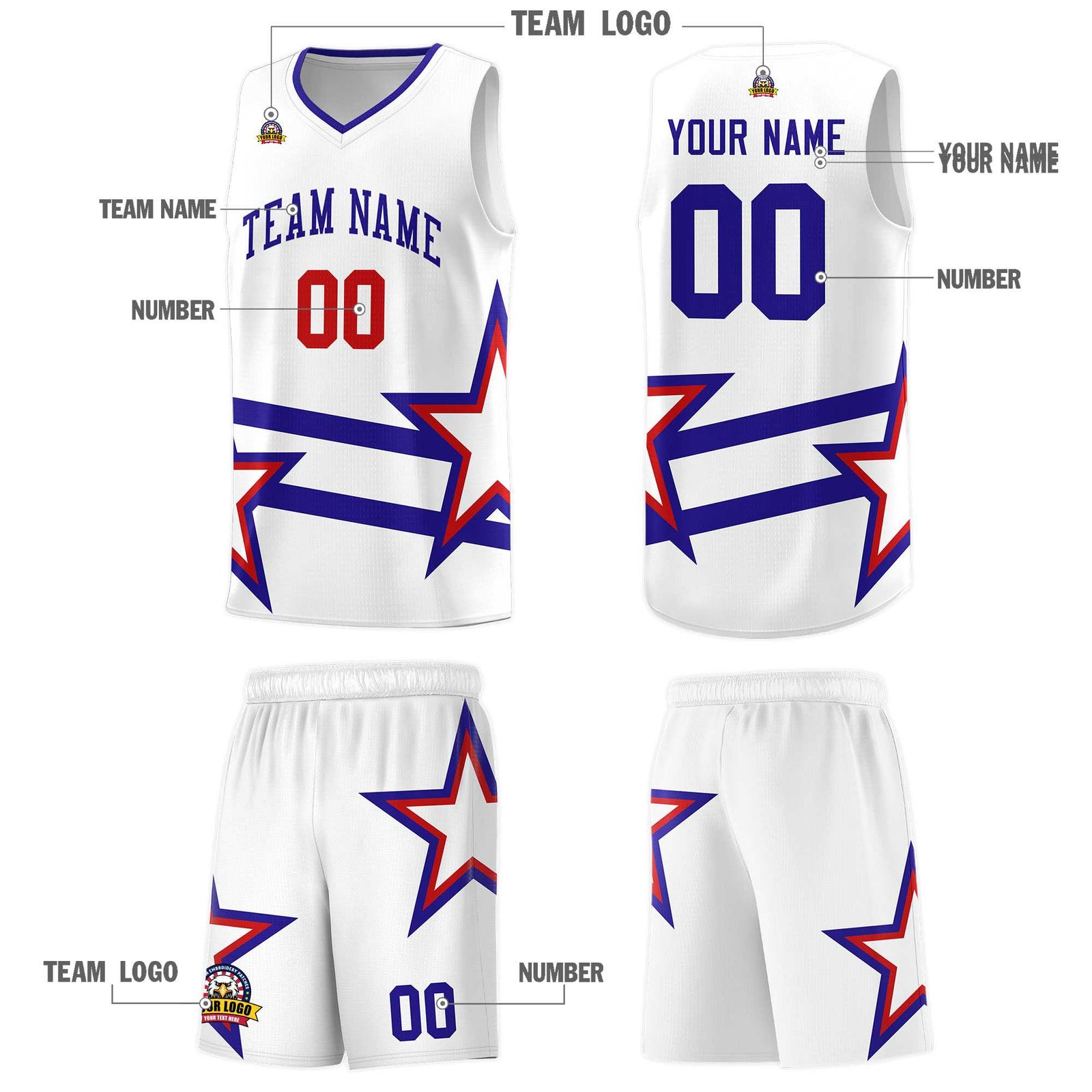 Custom Red Basketball Kits With Royal Star Pattern And Double Lines