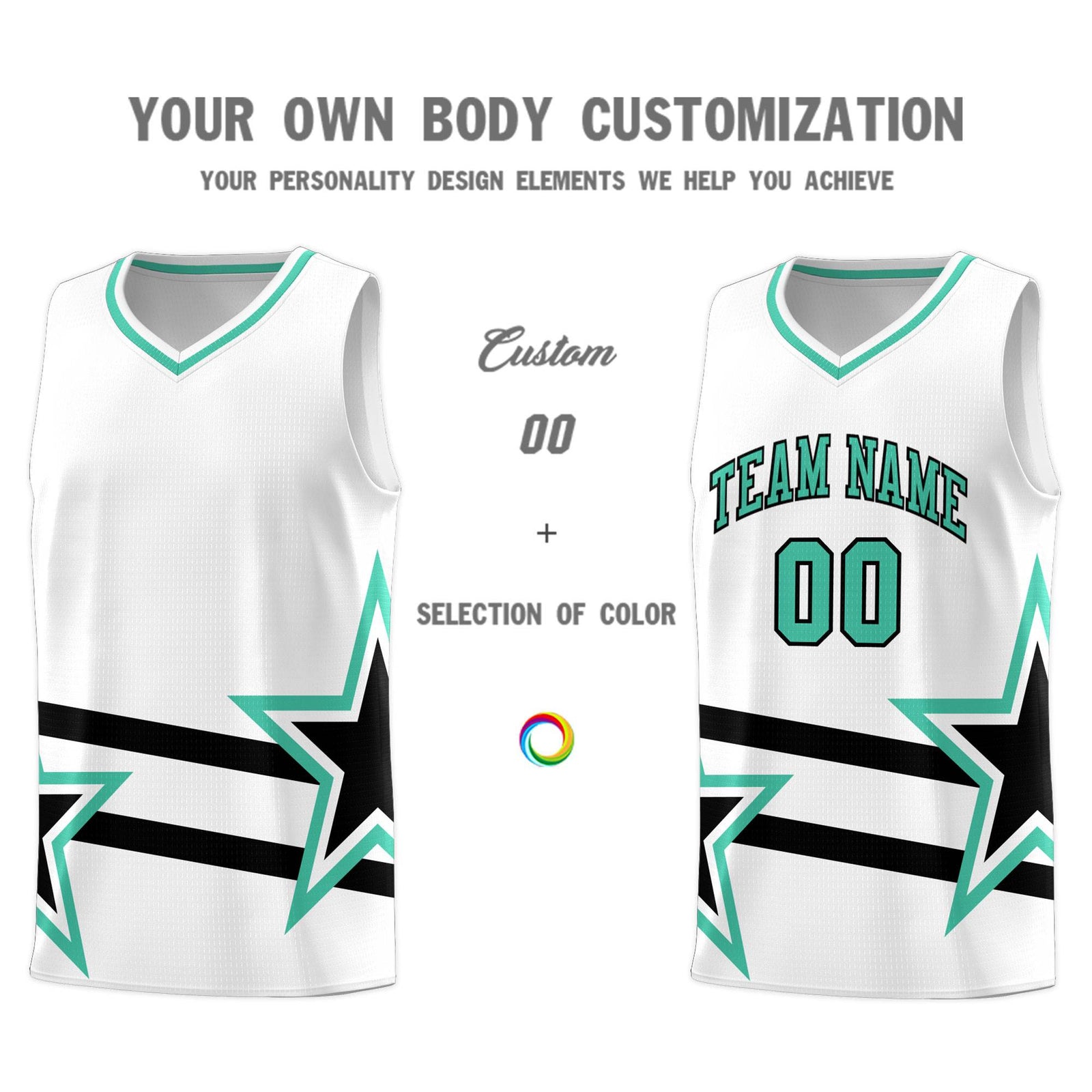 Custom White Basketball Kits With Bright Green Star Pattern And Double Lines