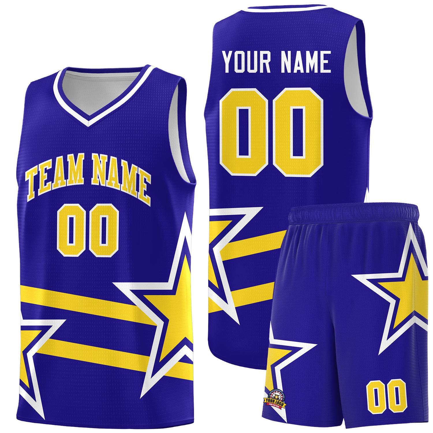 Custom Royal Basketball Kits With Gold Star Pattern And Double Lines