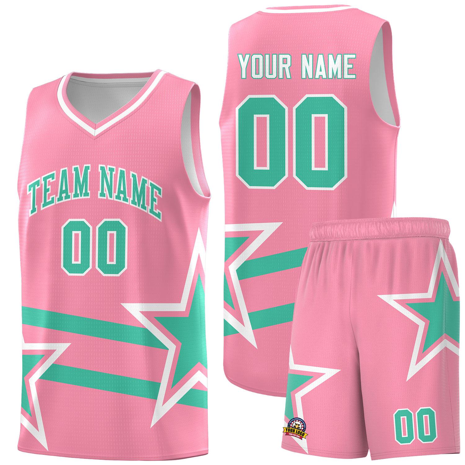 Custom Light Pink Basketball Kits With Bright Green Star Pattern And Double Lines