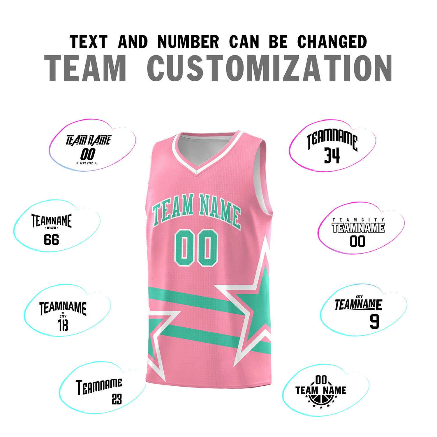 Custom Light Pink Basketball Kits With Bright Green Star Pattern And Double Lines