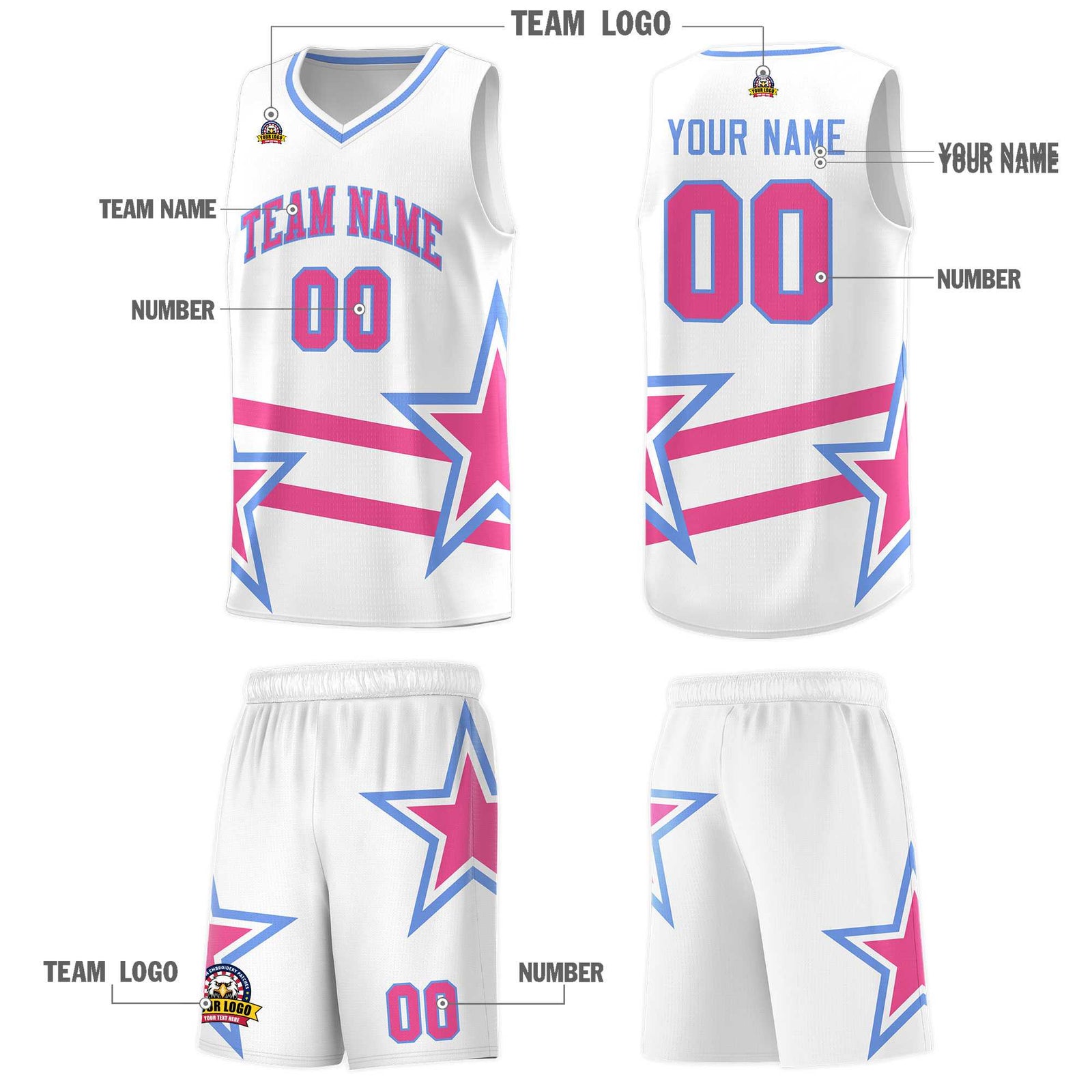 Custom White Basketball Kits With Pink Star Pattern And Double Lines