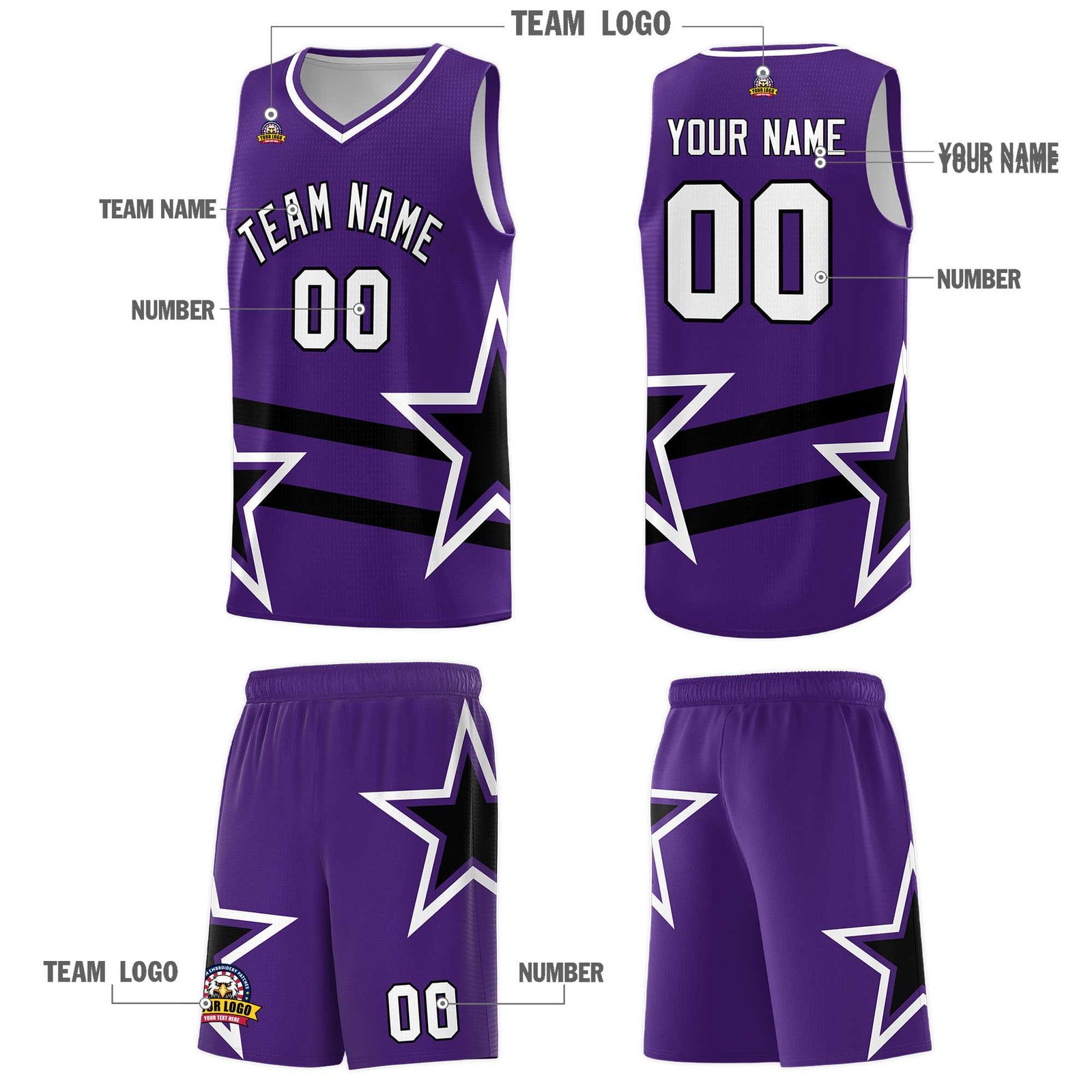 Custom Purple Basketball Kits With Black Star Pattern And Double Lines
