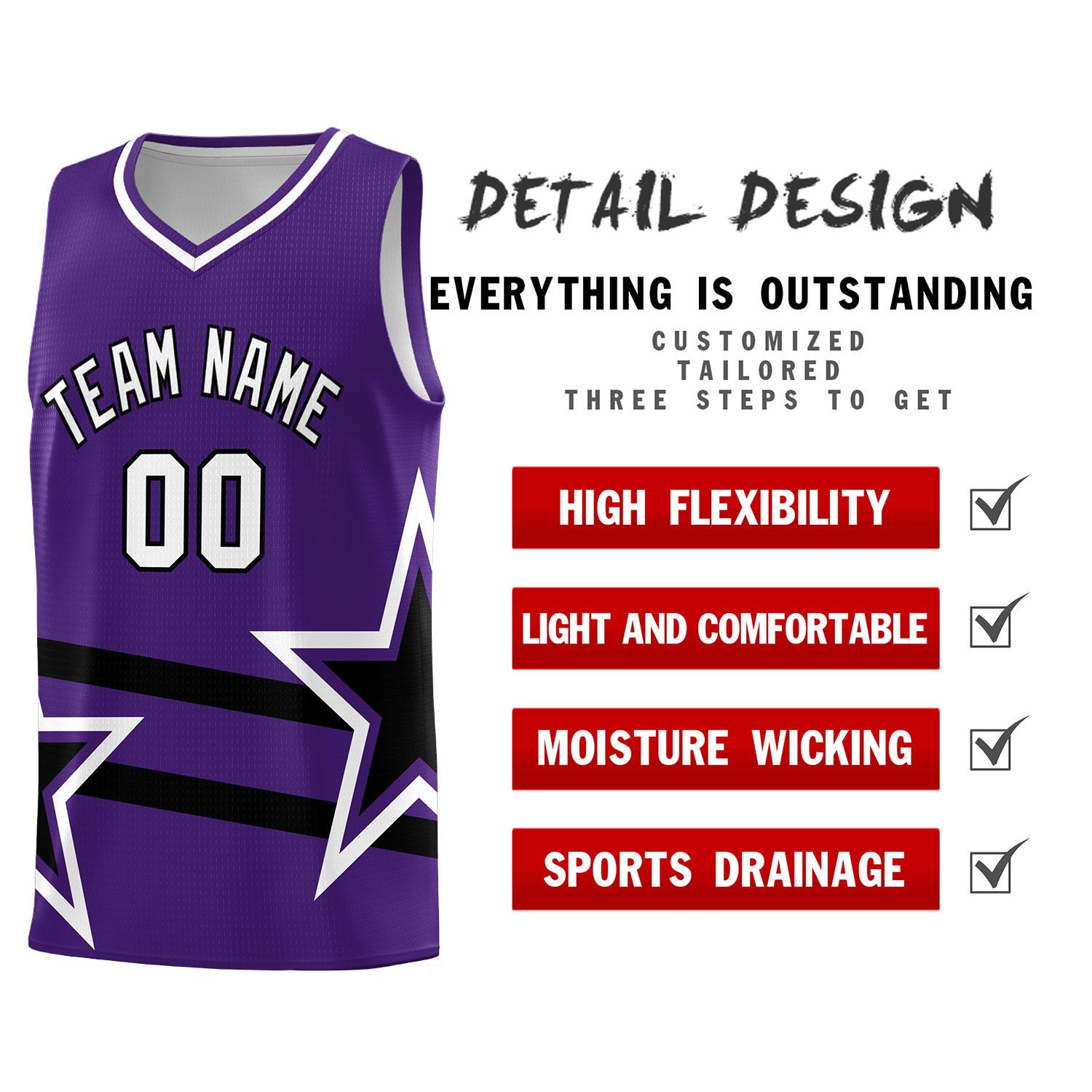 Custom Purple Basketball Kits With Black Star Pattern And Double Lines