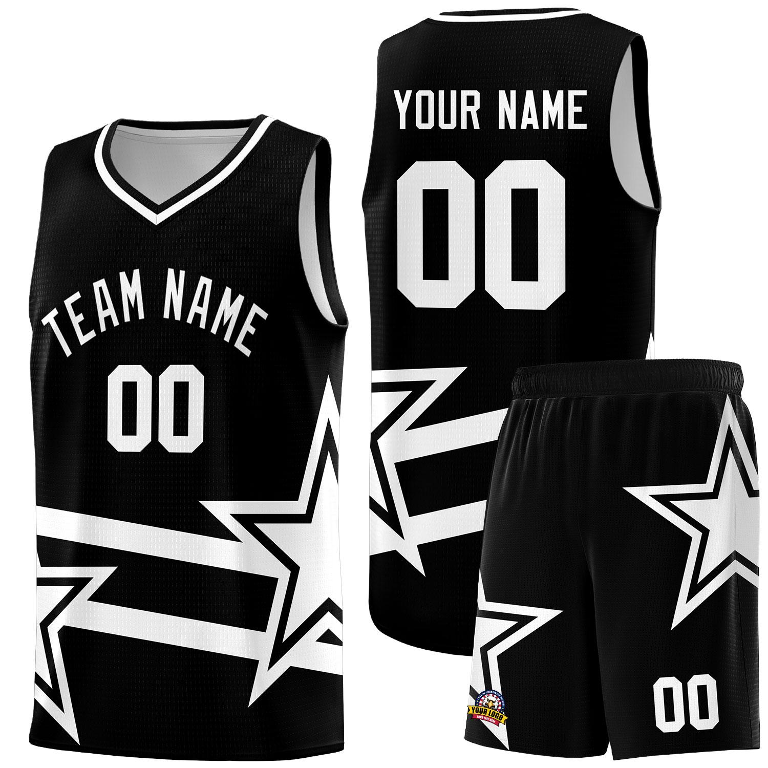 Custom Black Basketball Kits With White Star Pattern And Double Lines