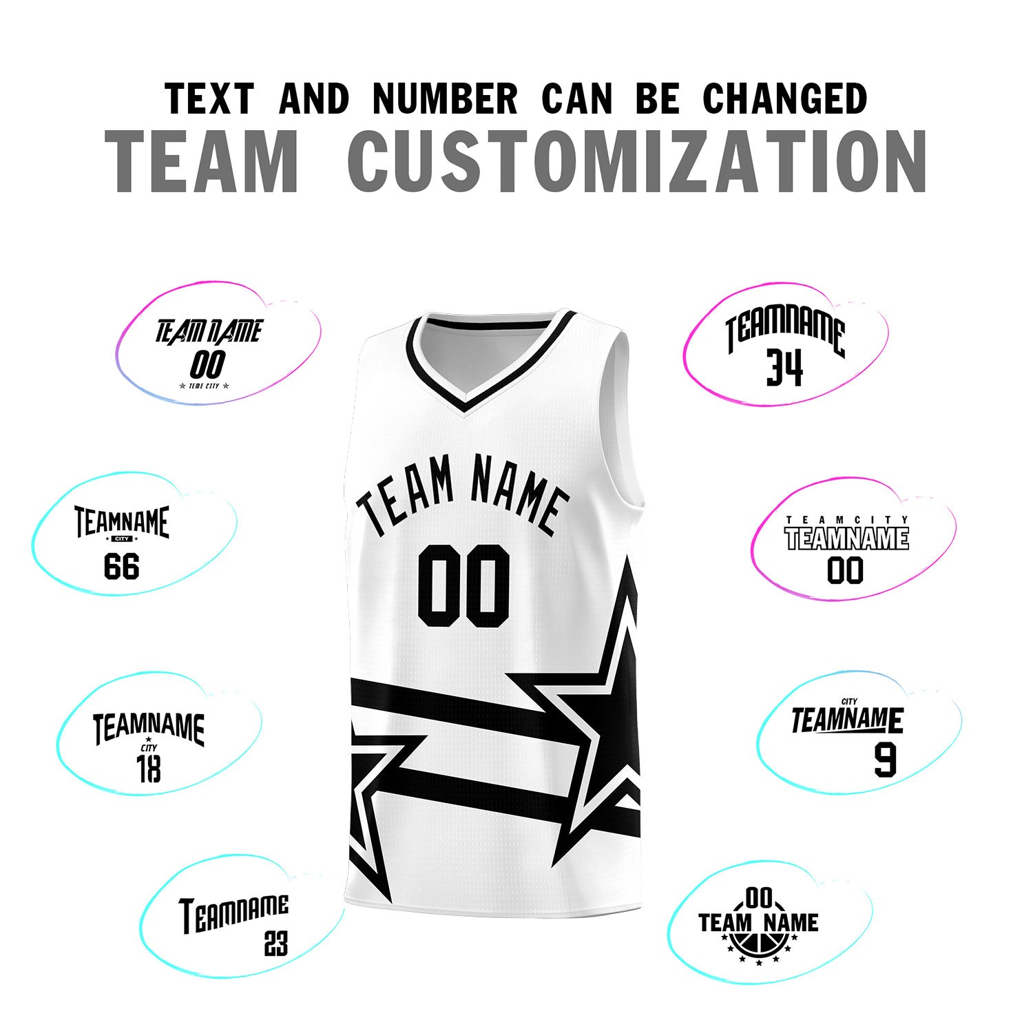 Custom White Basketball Kits With Black Star Pattern And Double Lines