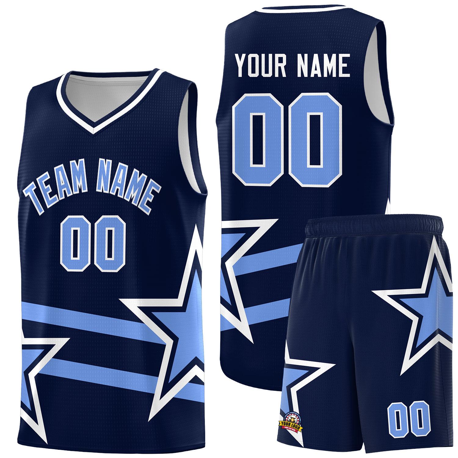 Custom Navy Basketball Kits With Light Blue Star Pattern And Double Lines