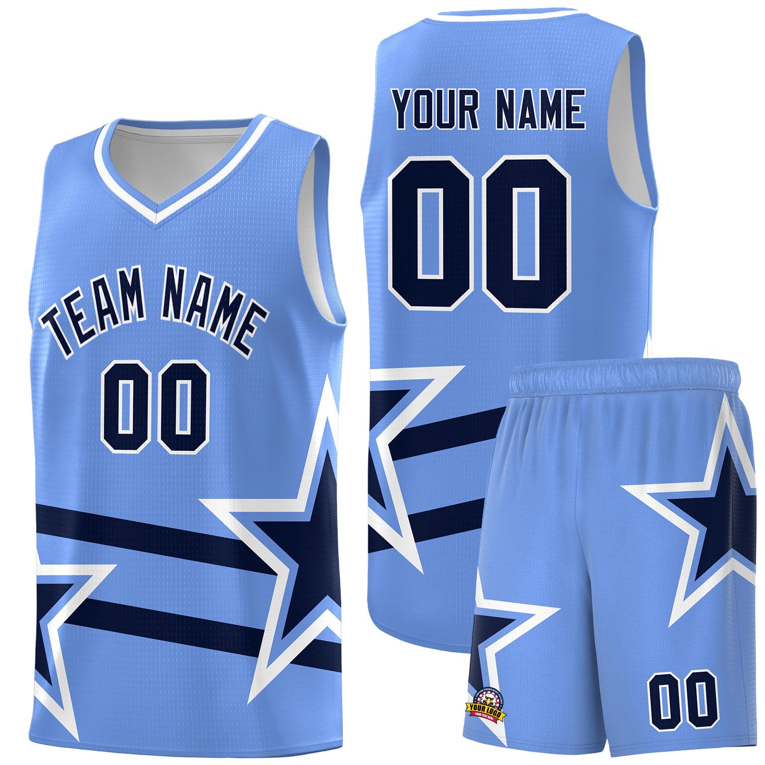 Custom Light Blue Basketball Kits With Navy Star Pattern And Double Lines