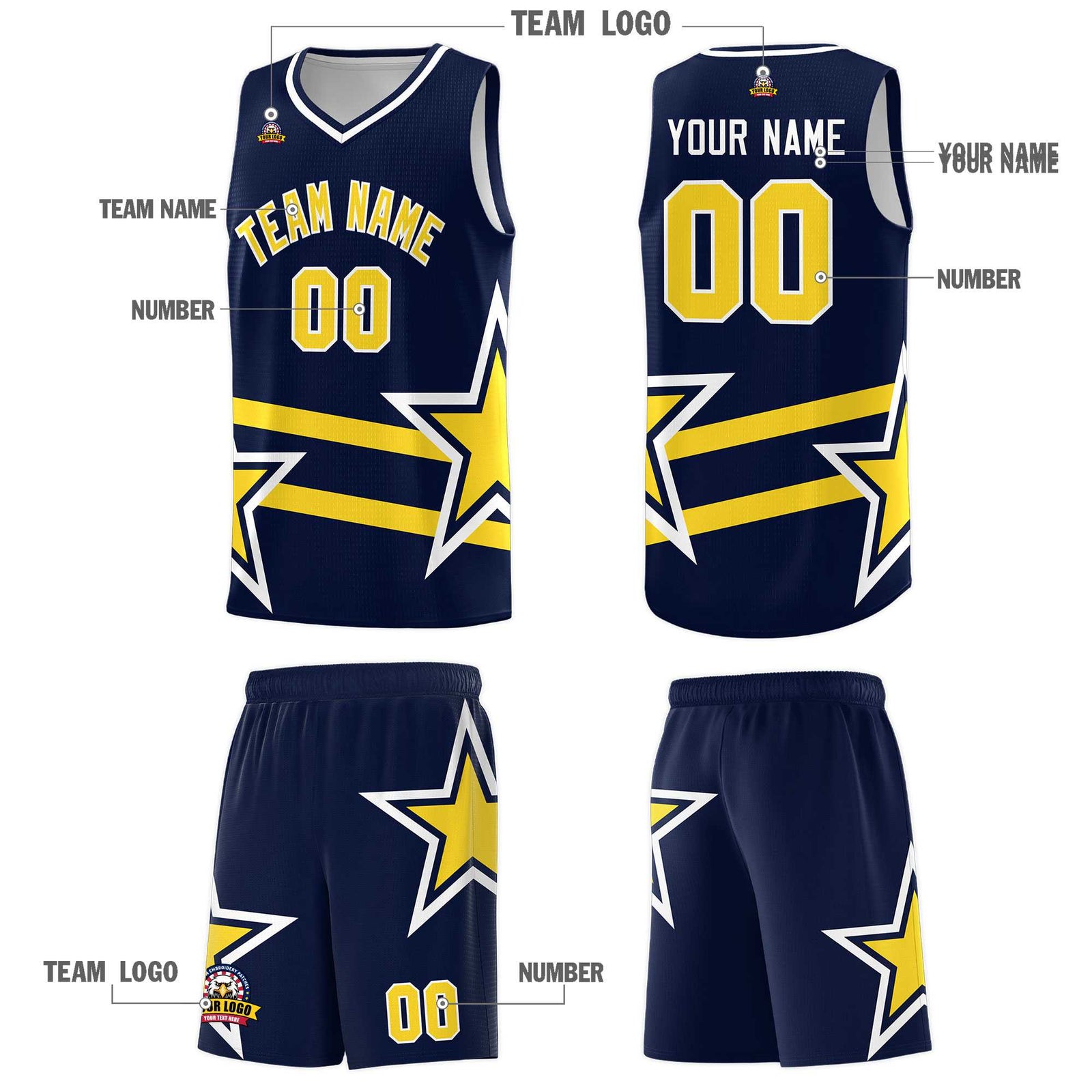 Custom Navy Basketball Kits With Gold Star Pattern And Double Lines