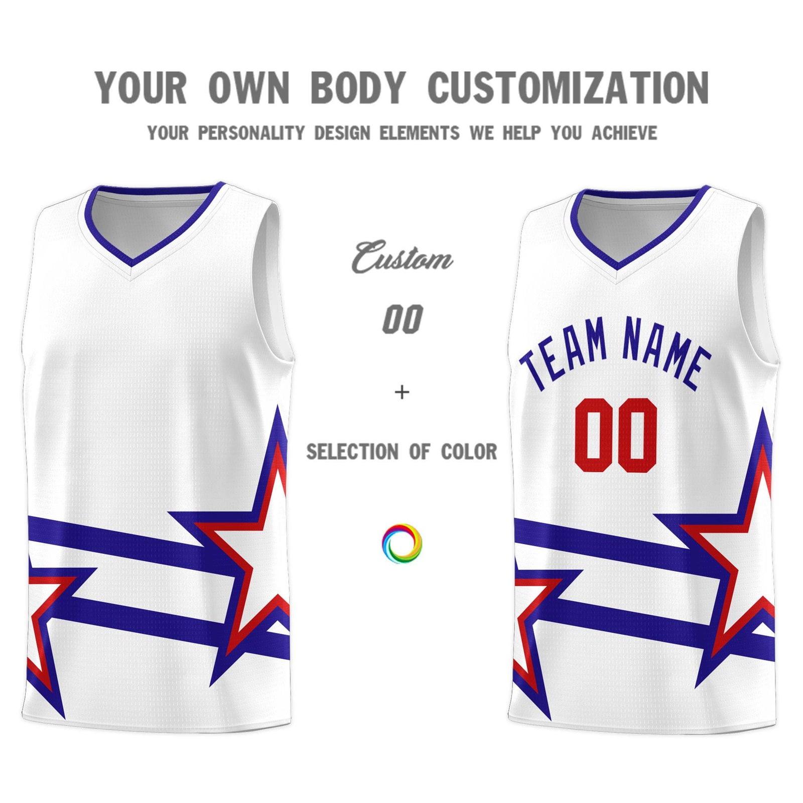 Custom Red Basketball Kits With Royal Star Pattern And Double Lines
