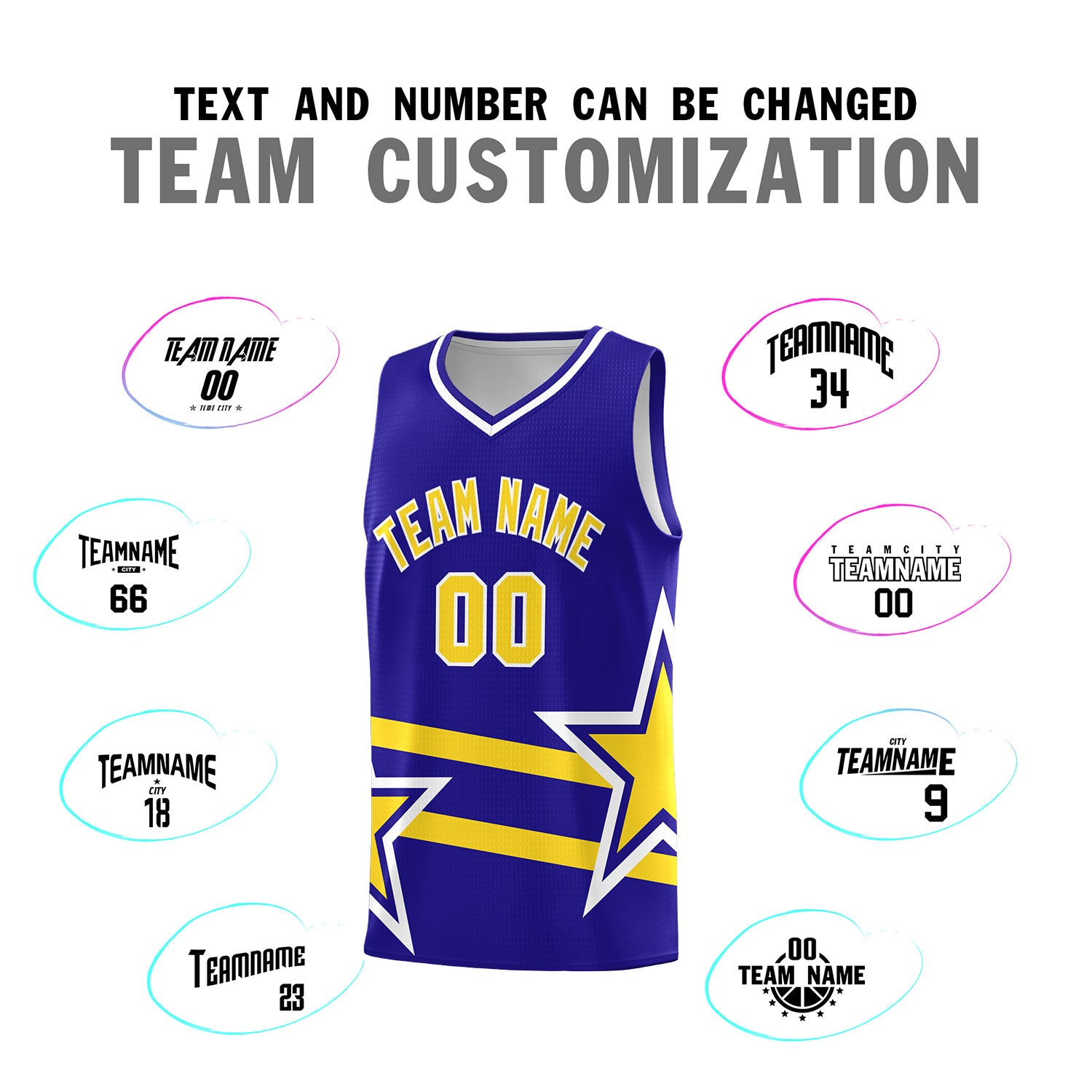 Custom Royal Basketball Kits With Gold Star Pattern And Double Lines