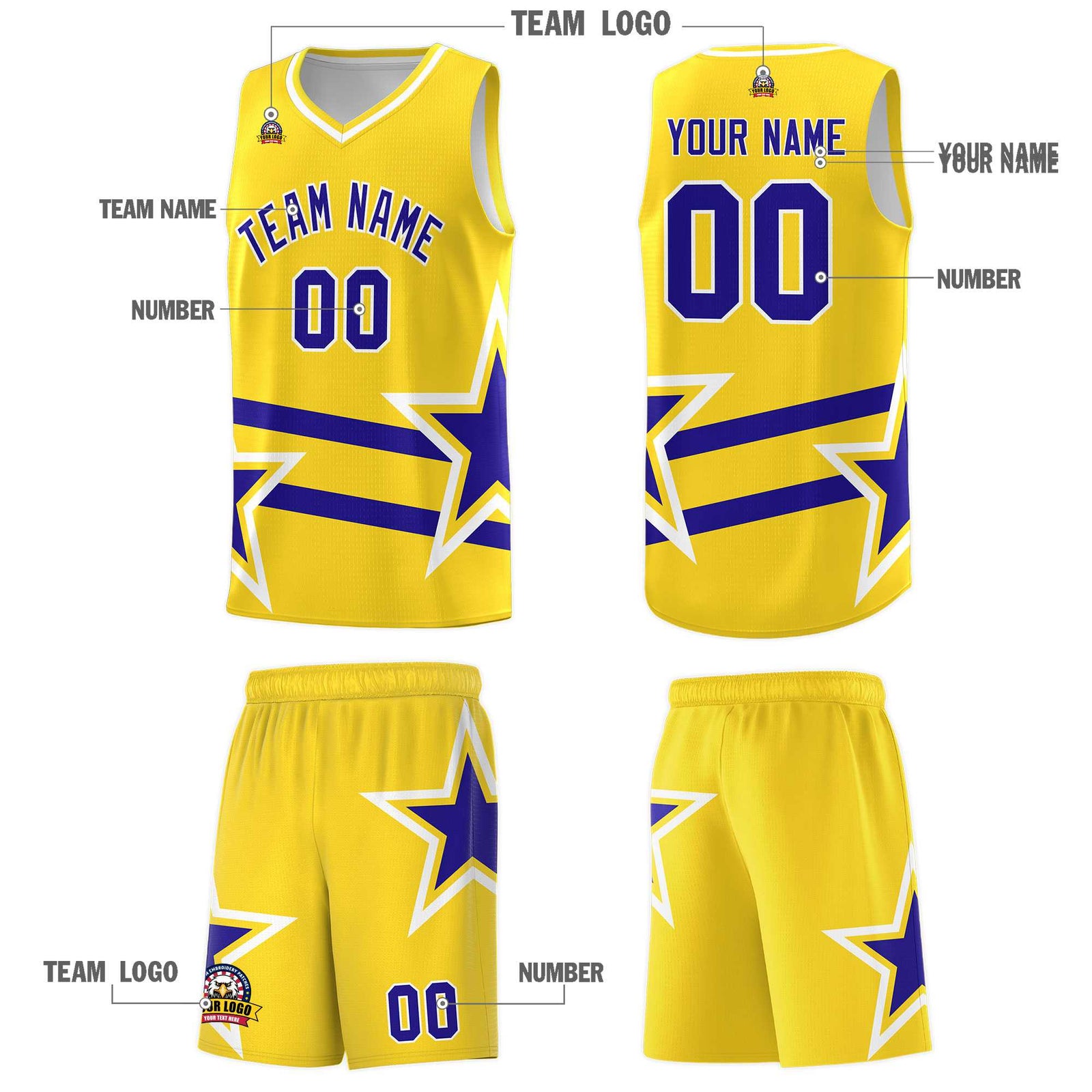 Custom Gold Basketball Kits With Royal Star Pattern And Double Lines