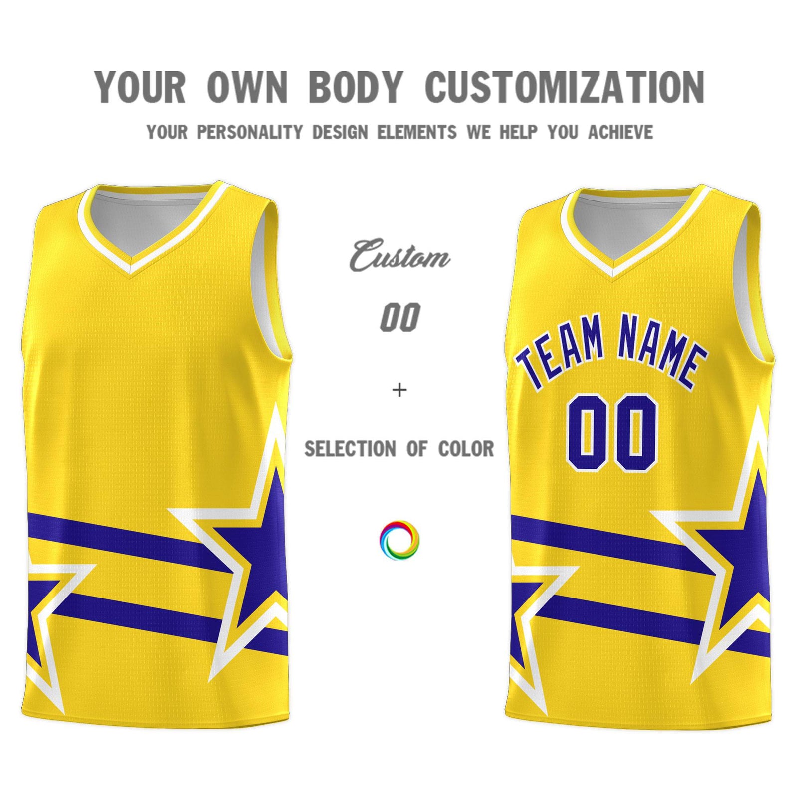 Custom Gold Basketball Kits With Royal Star Pattern And Double Lines
