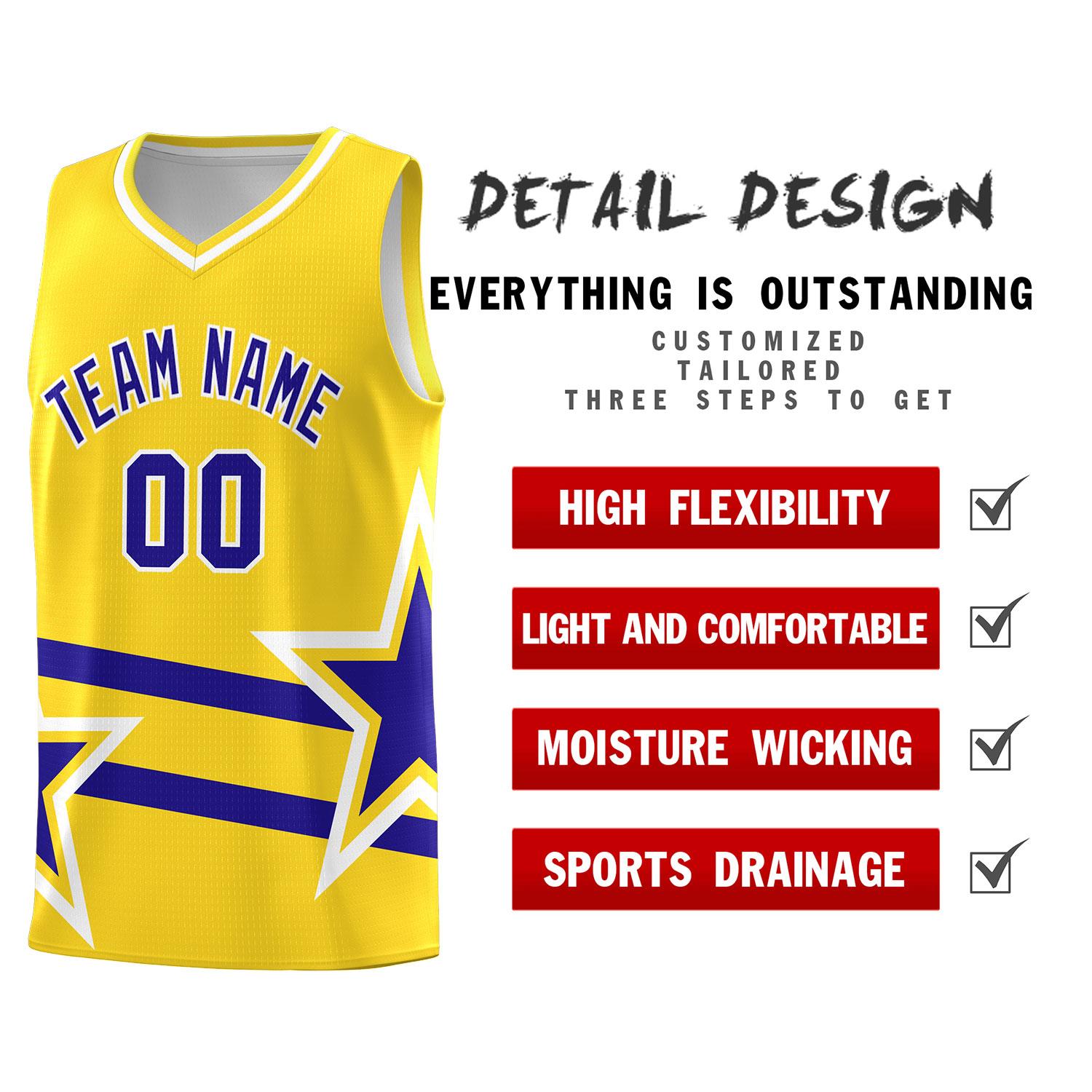Custom Gold Basketball Kits With Royal Star Pattern And Double Lines