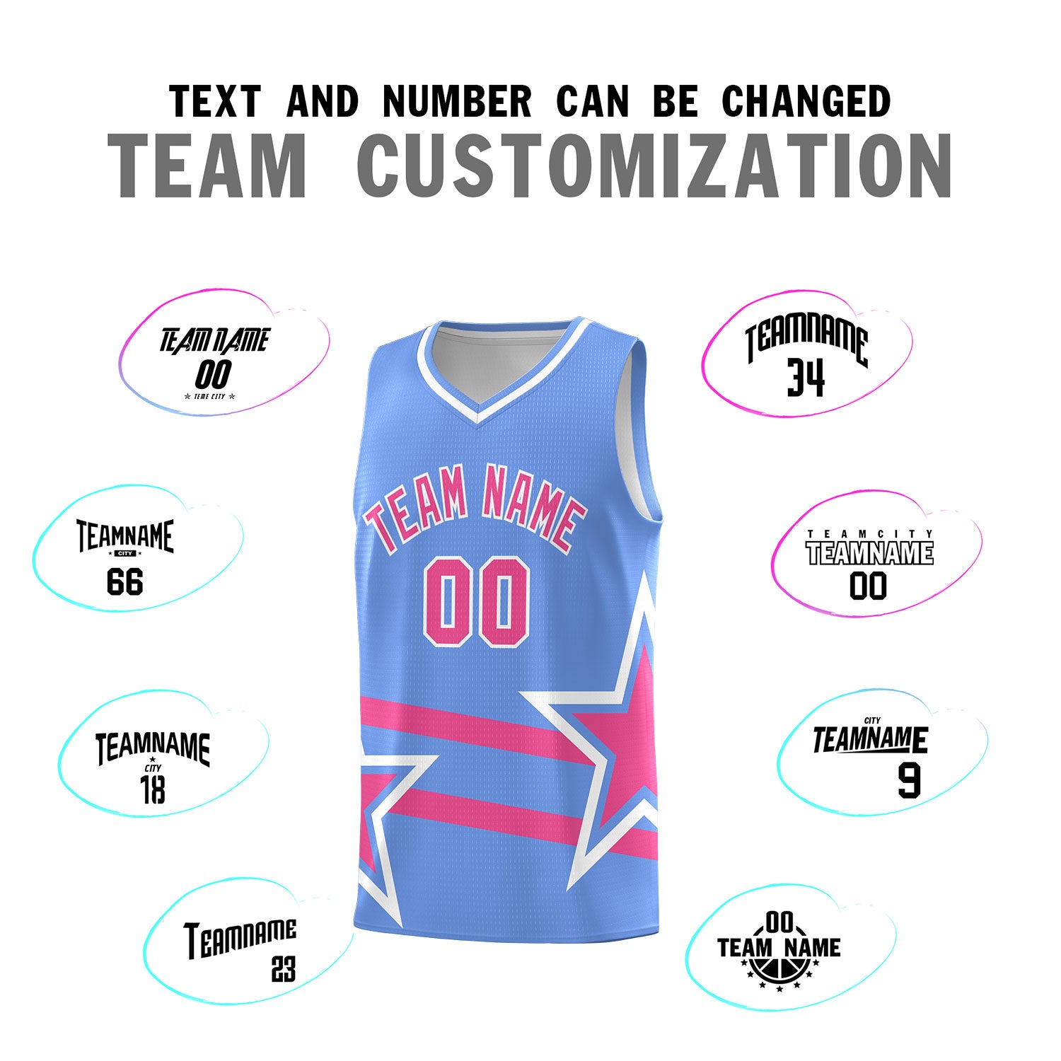 Custom Light Blue Basketball Kits With Pink Star Pattern And Double Lines