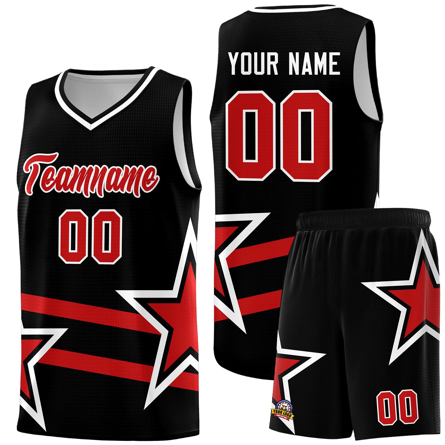 Custom Black Basketball Kits With Red Star Pattern And Double Lines