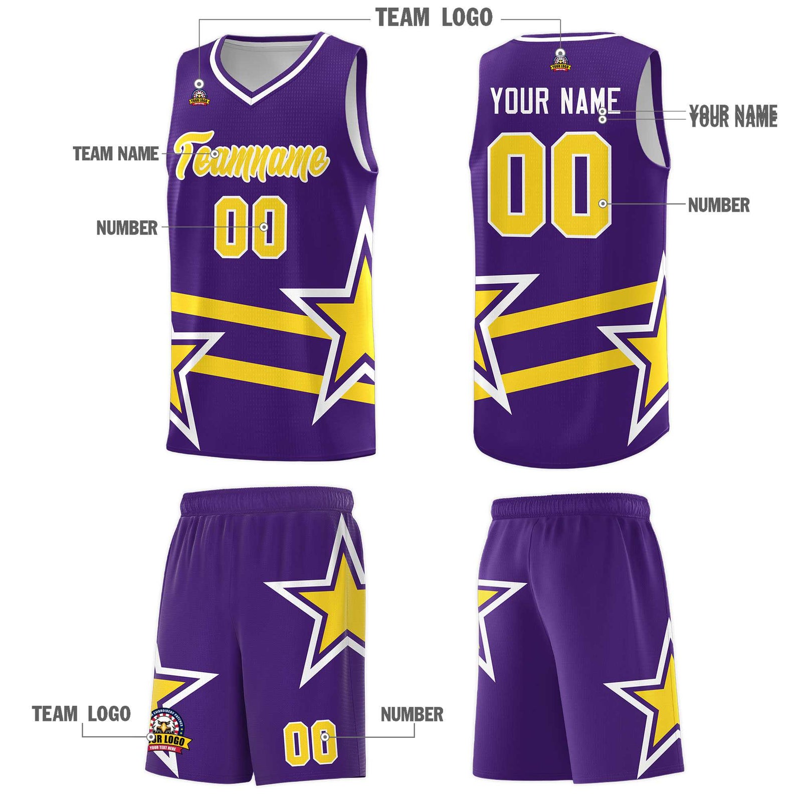 Custom Purple Basketball Kits With Gold Star Pattern And Double Lines