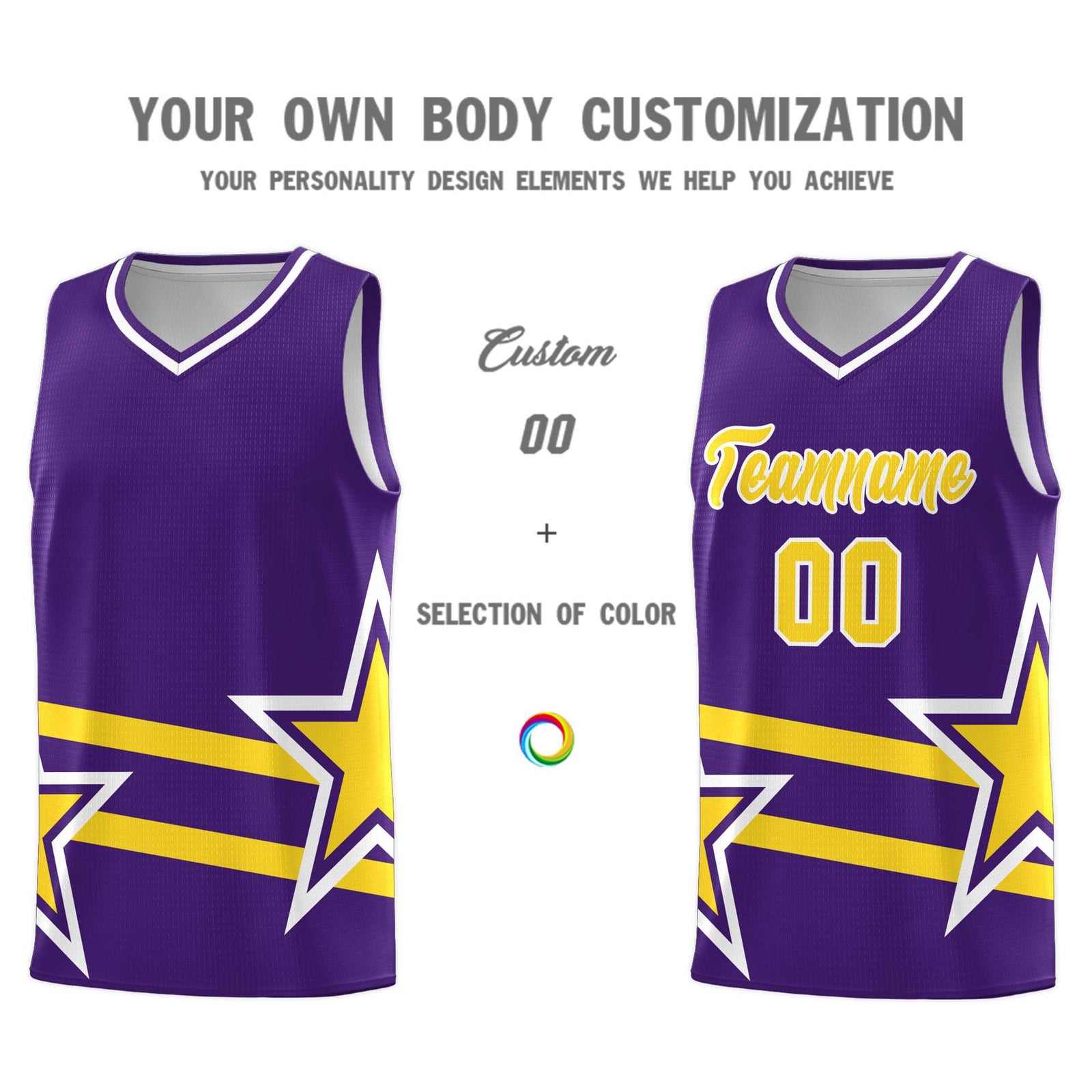 Custom Purple Basketball Kits With Gold Star Pattern And Double Lines