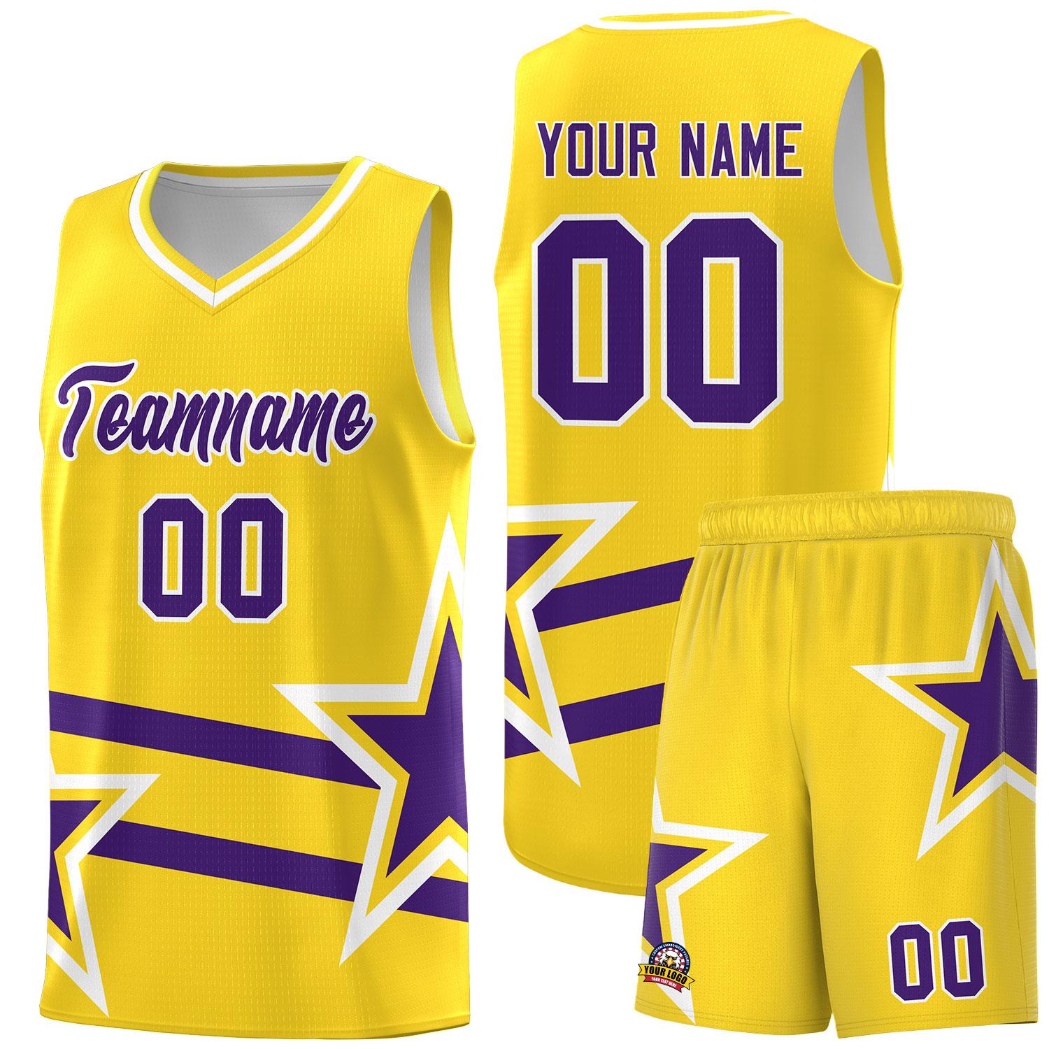 Custom Gold Basketball Kits With Purple Star Pattern And Double Lines