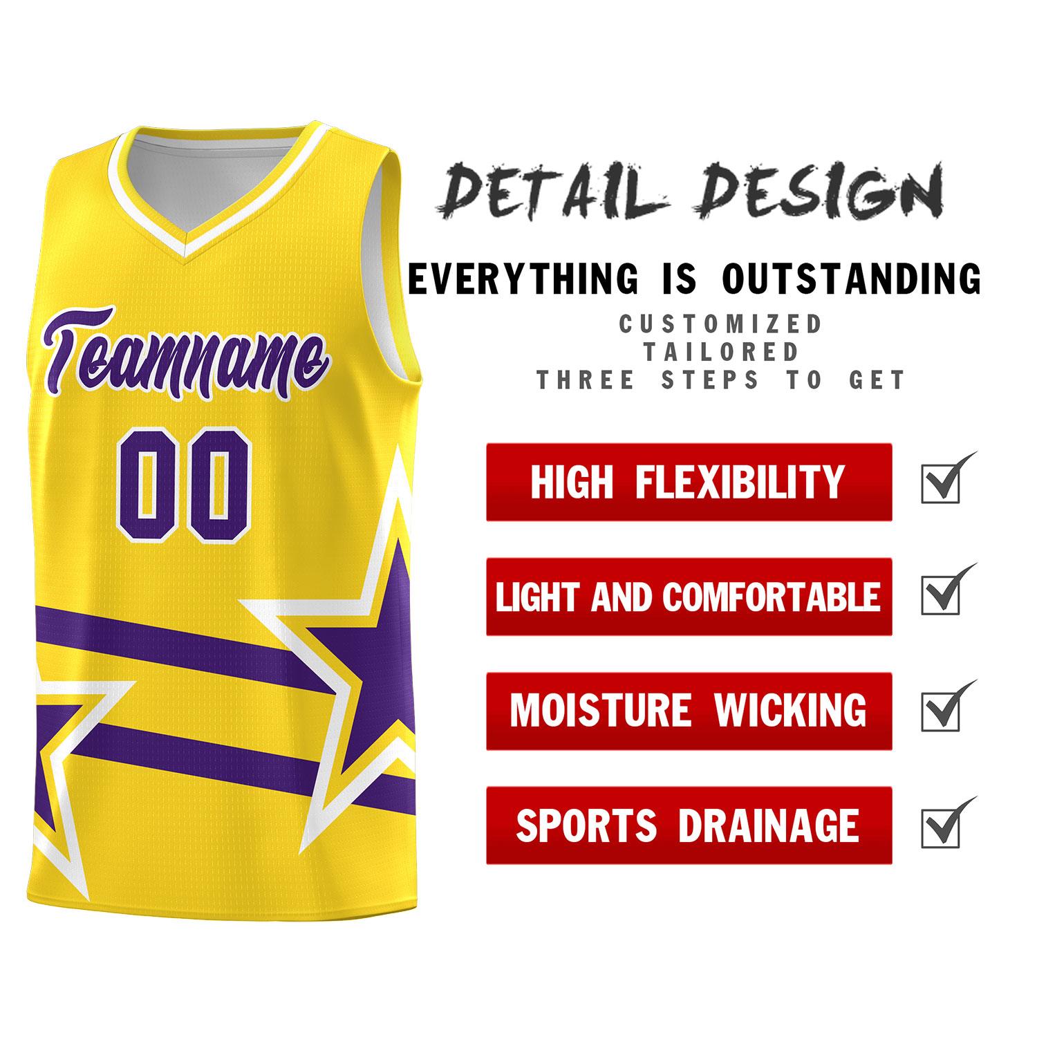 Custom Gold Basketball Kits With Purple Star Pattern And Double Lines