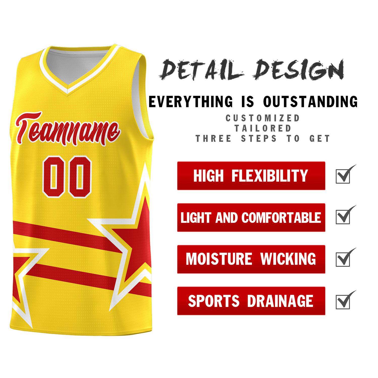 Custom Gold Basketball Kits With Red Star Pattern And Double Lines