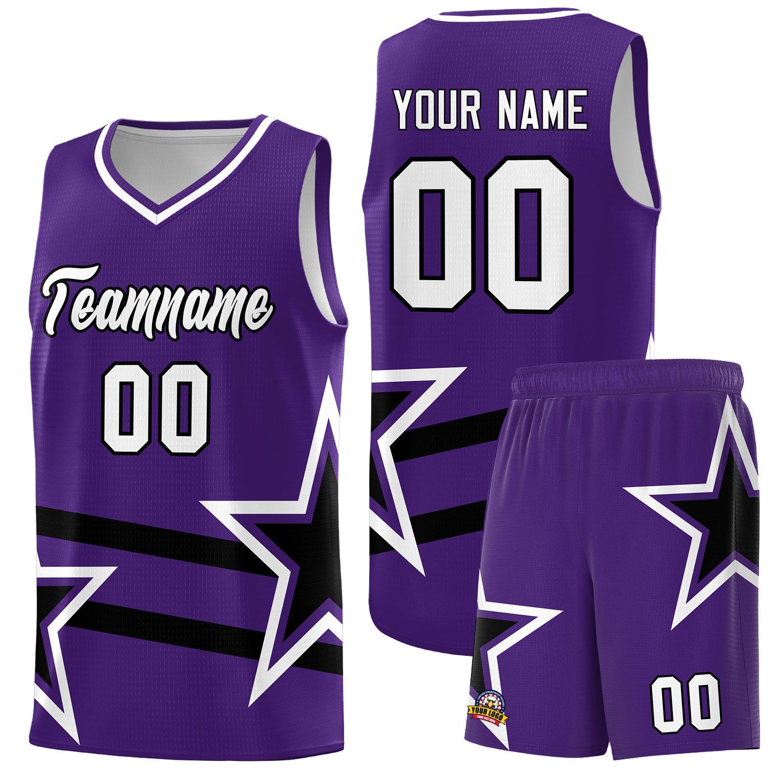Custom Purple Basketball Kits With Black Star Pattern And Double Lines