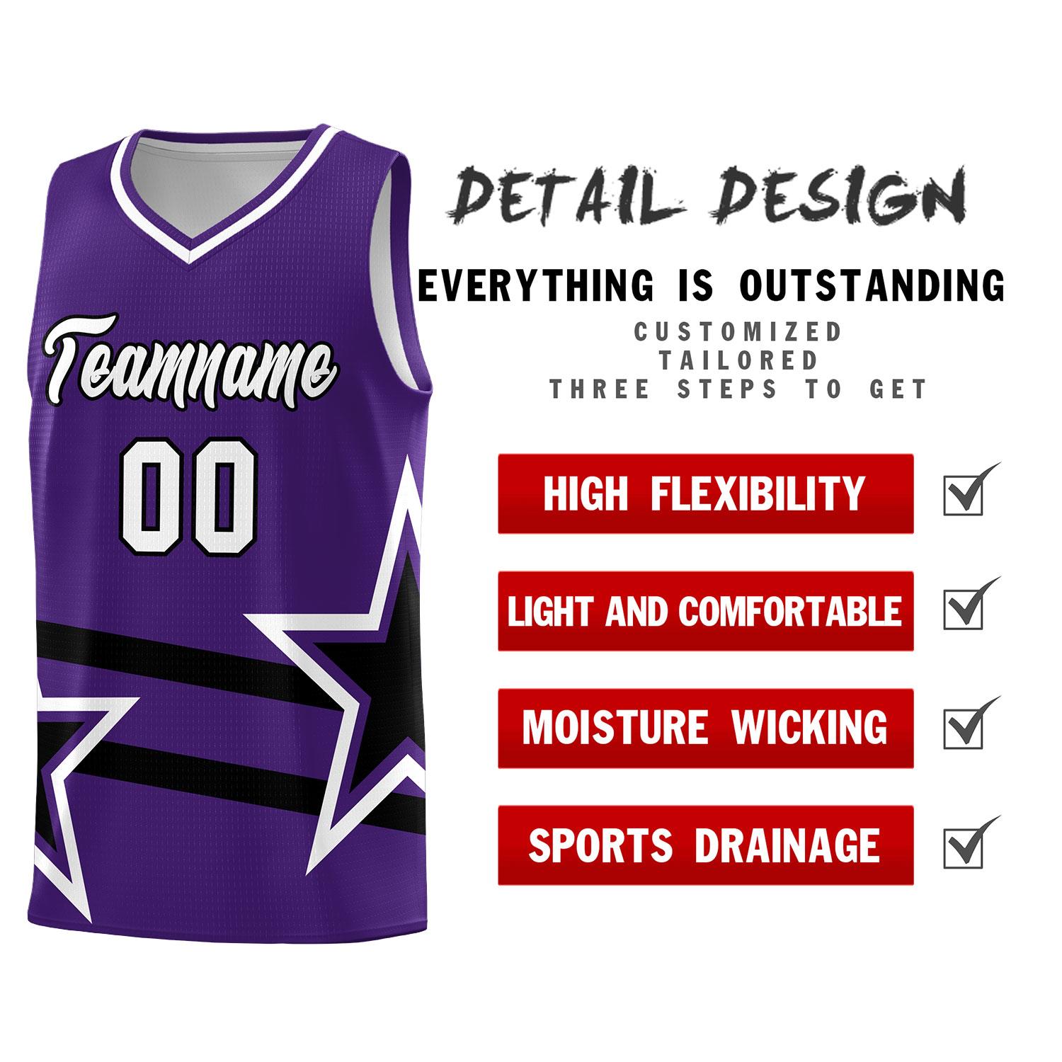 Custom Purple Basketball Kits With Black Star Pattern And Double Lines