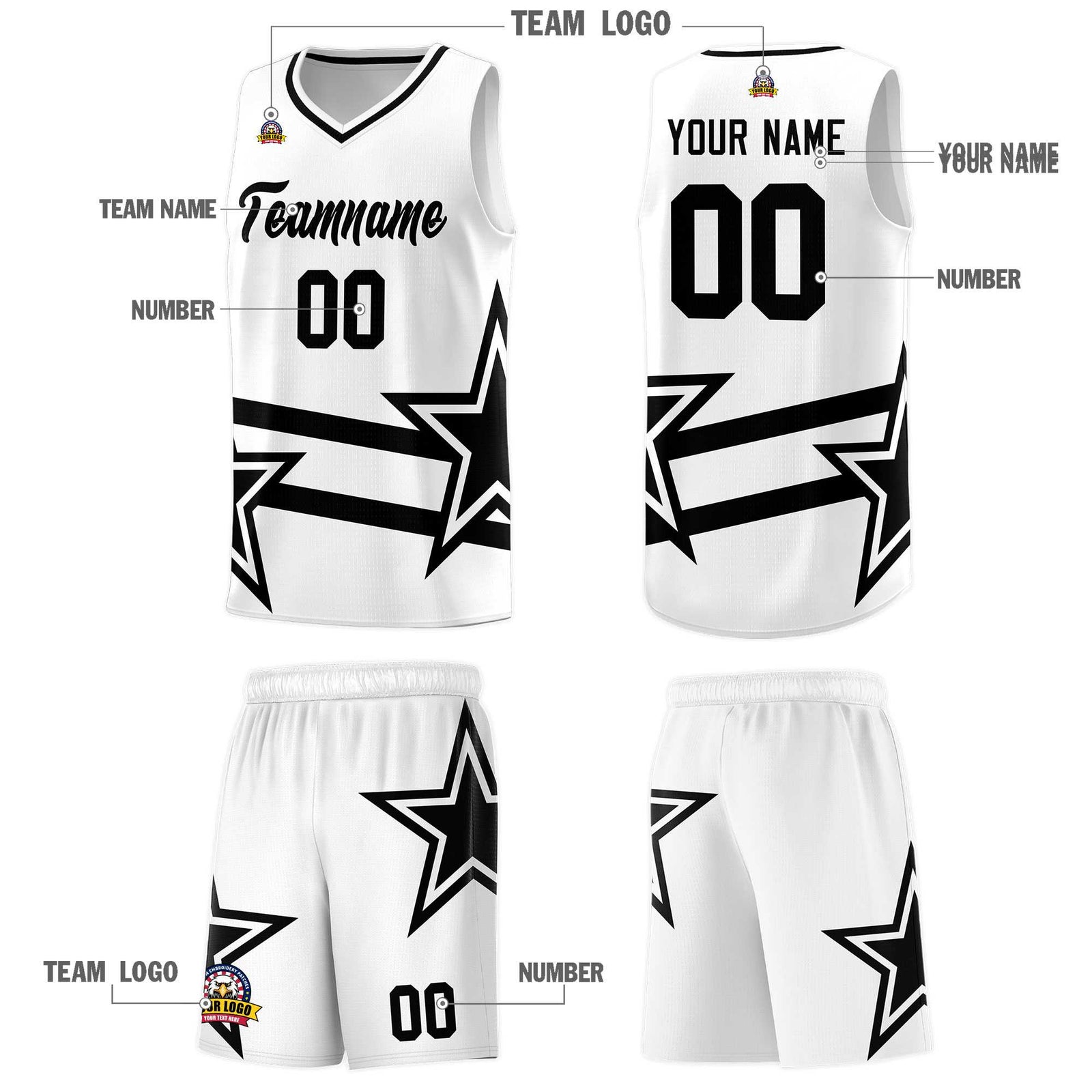 Custom White Basketball Kits With Black Star Pattern And Double Lines