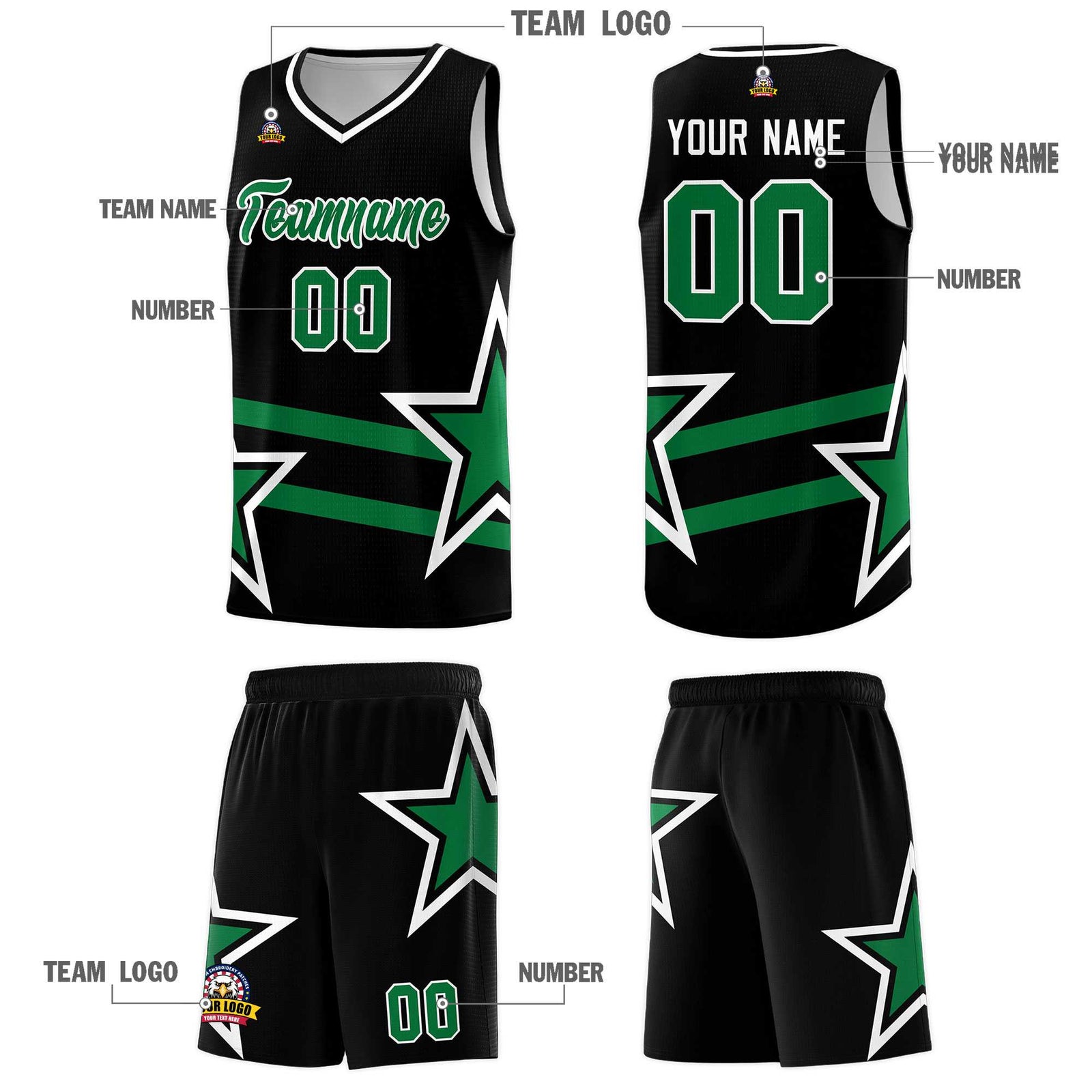 Custom Black Basketball Kits With Kelly Green Star Pattern And Double Lines