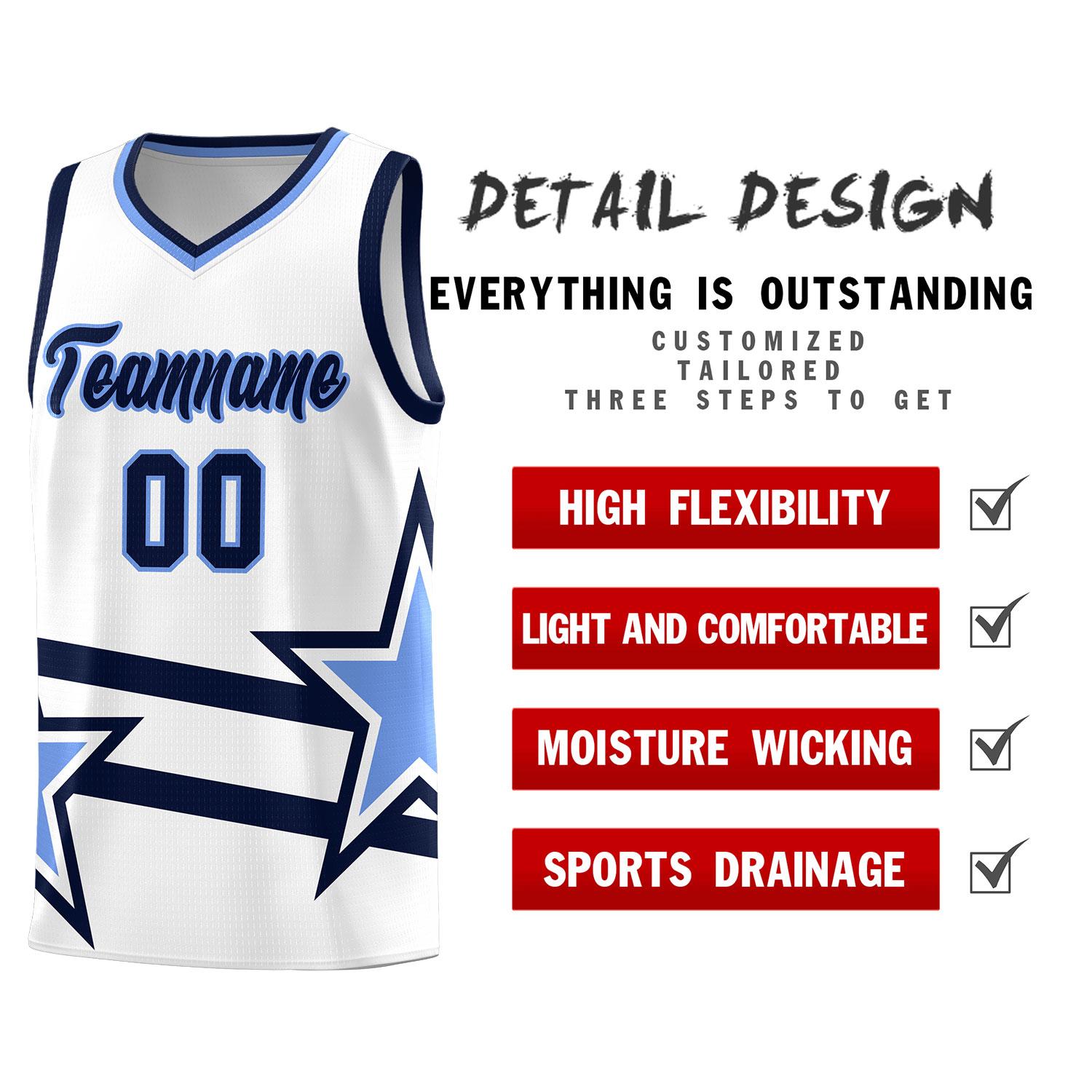 Custom White Basketball Kits With Light Blue Star Pattern And Double Lines