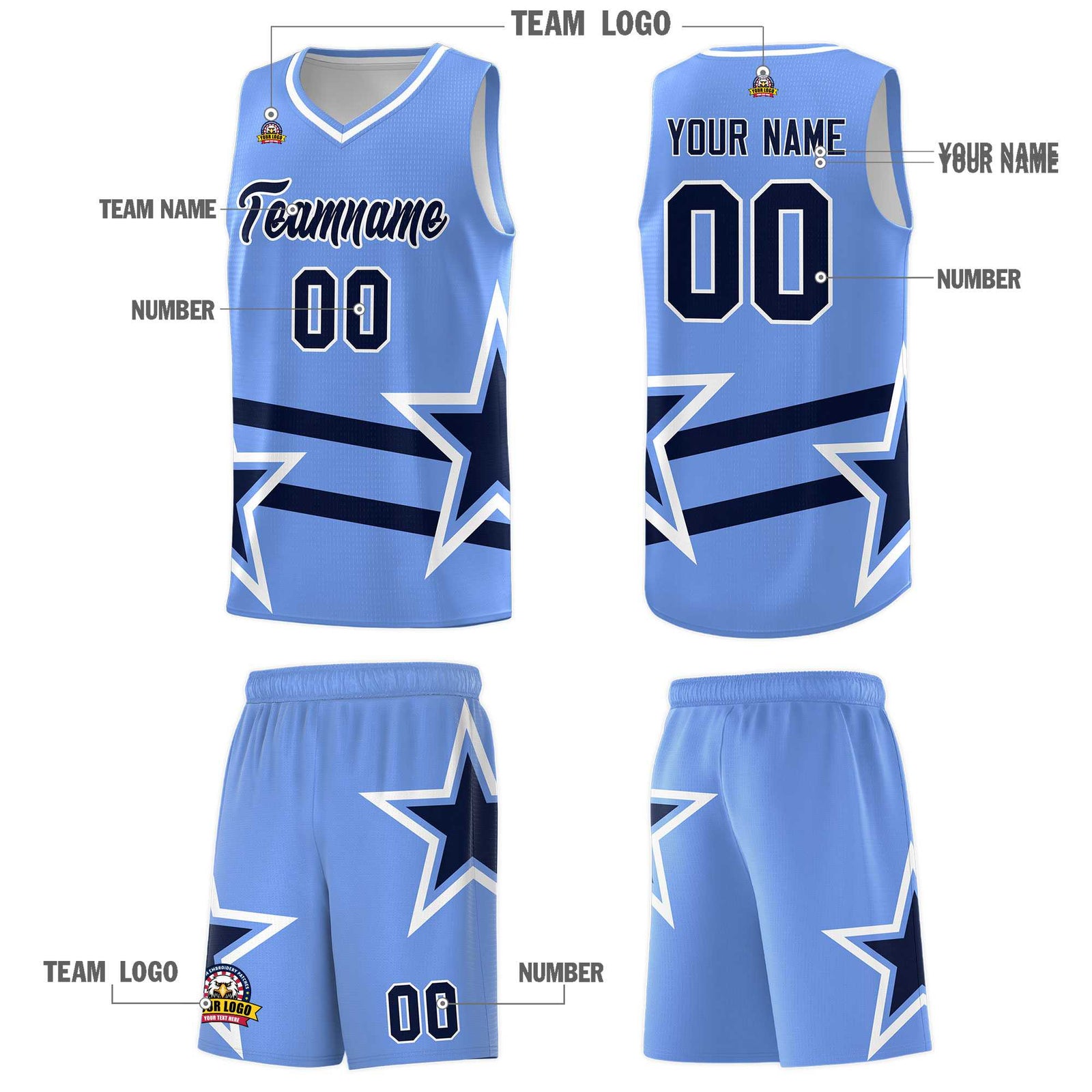 Custom Light Blue Basketball Kits With Navy Star Pattern And Double Lines