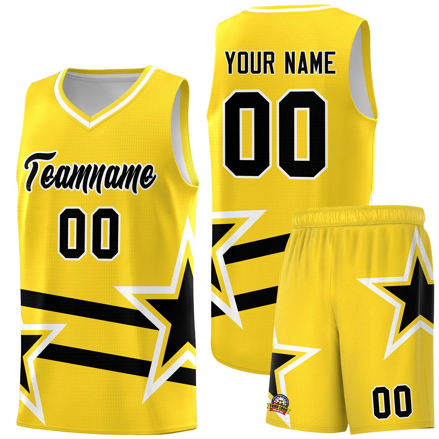 Custom Gold Basketball Kits With Black Star Pattern And Double Lines