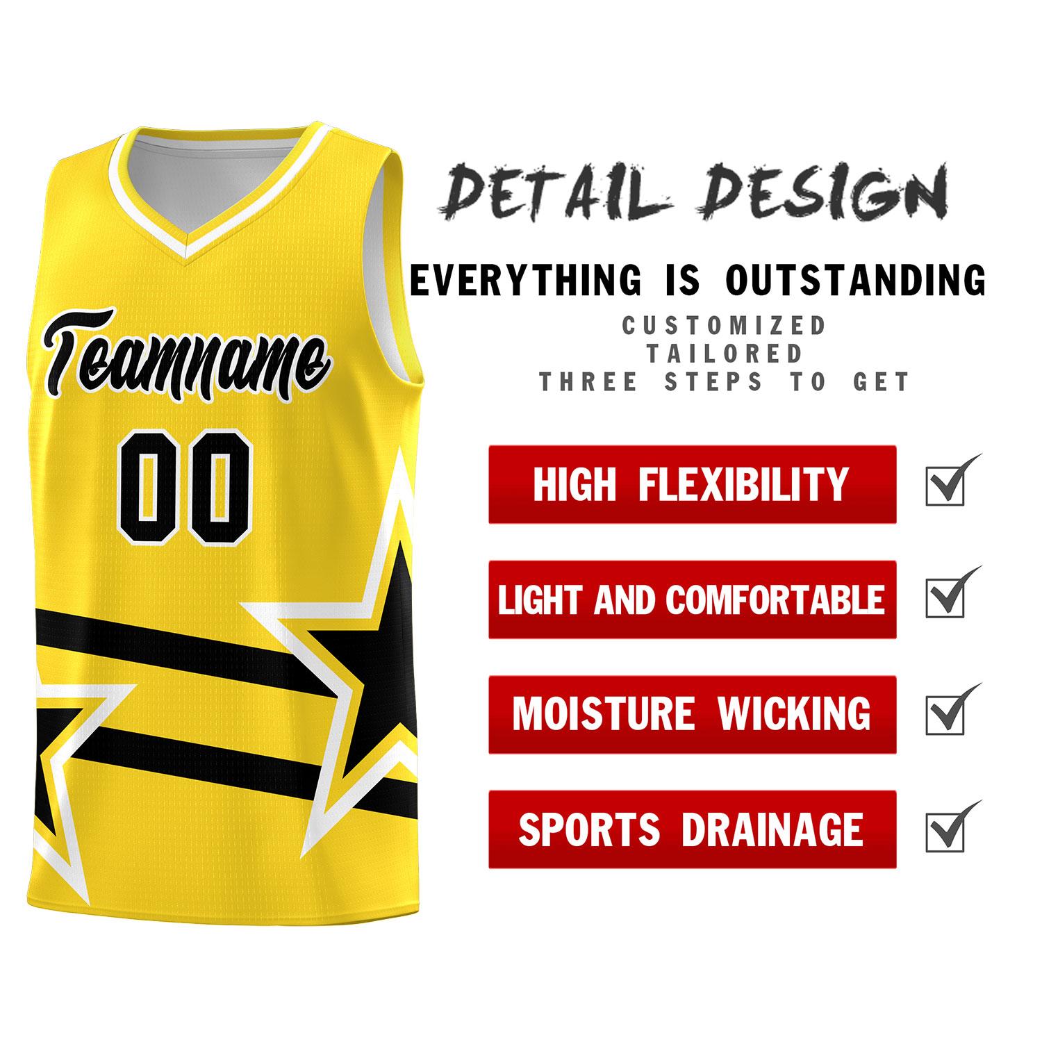 Custom Gold Basketball Kits With Black Star Pattern And Double Lines
