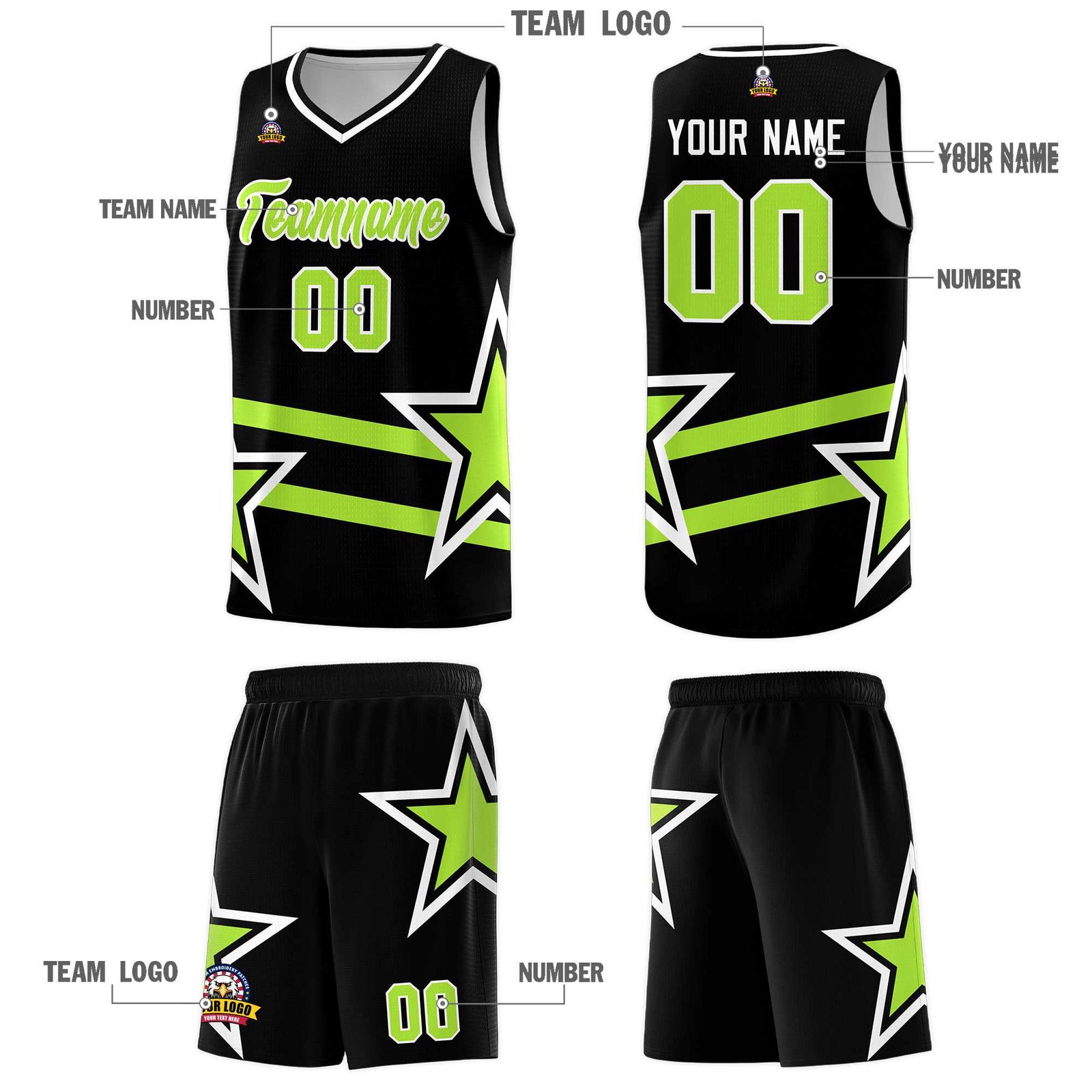 Custom Black Basketball Kits With Neon Green Star Pattern And Double Lines