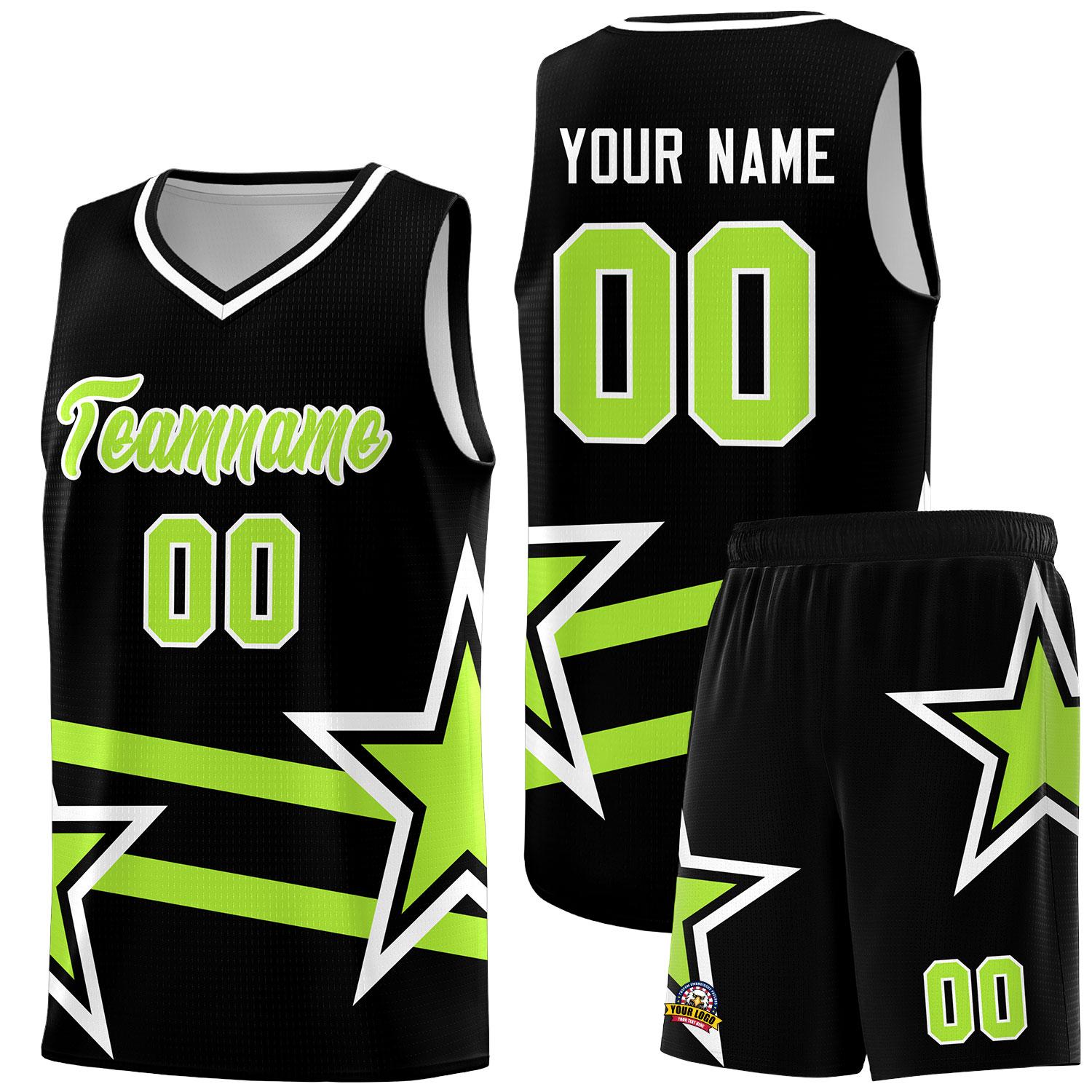 Custom Black Basketball Kits With Neon Green Star Pattern And Double Lines